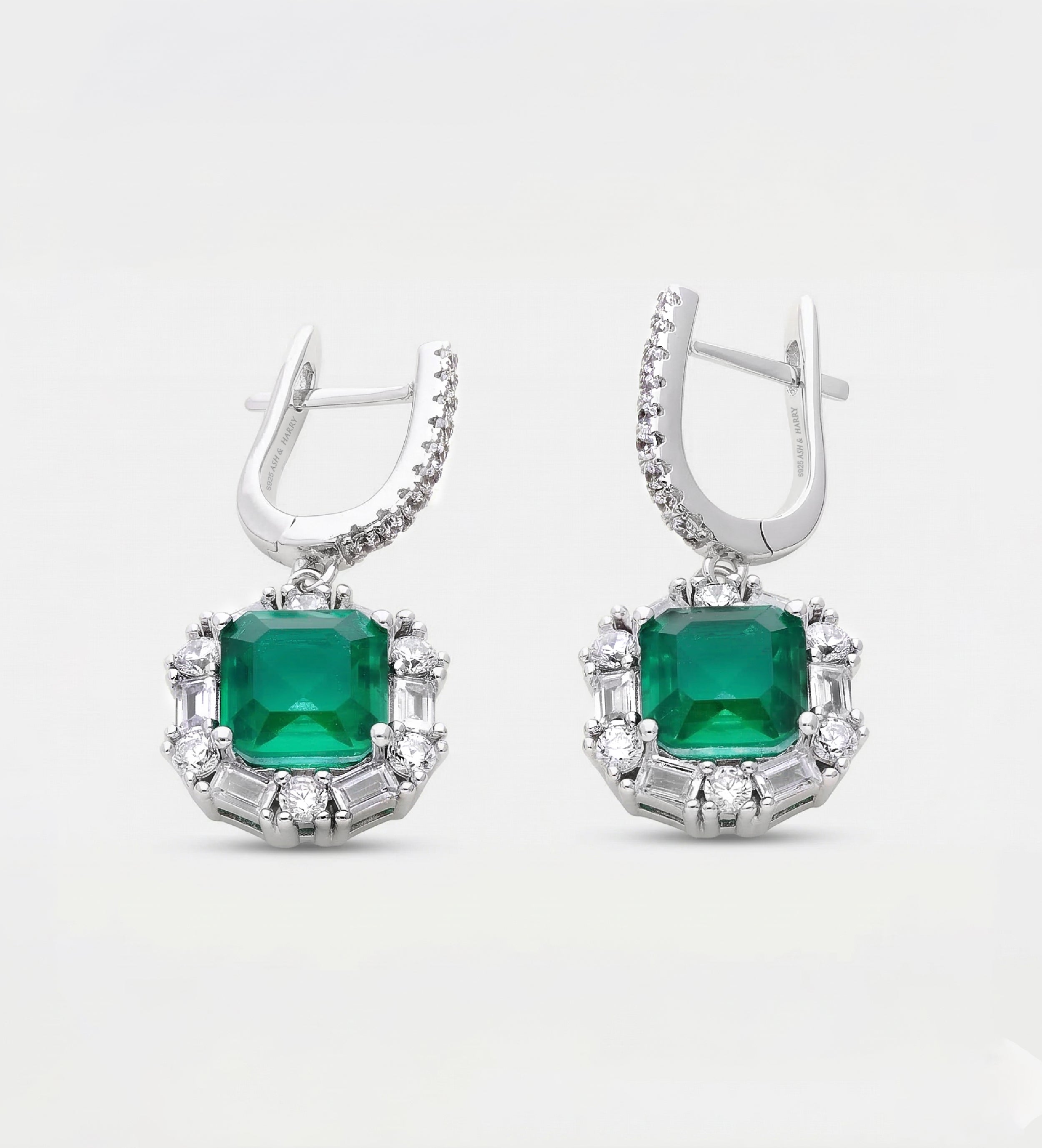 Emerald Halo Drop Earrings in Rhodium Plating on 925 Silver - Ash & Harry