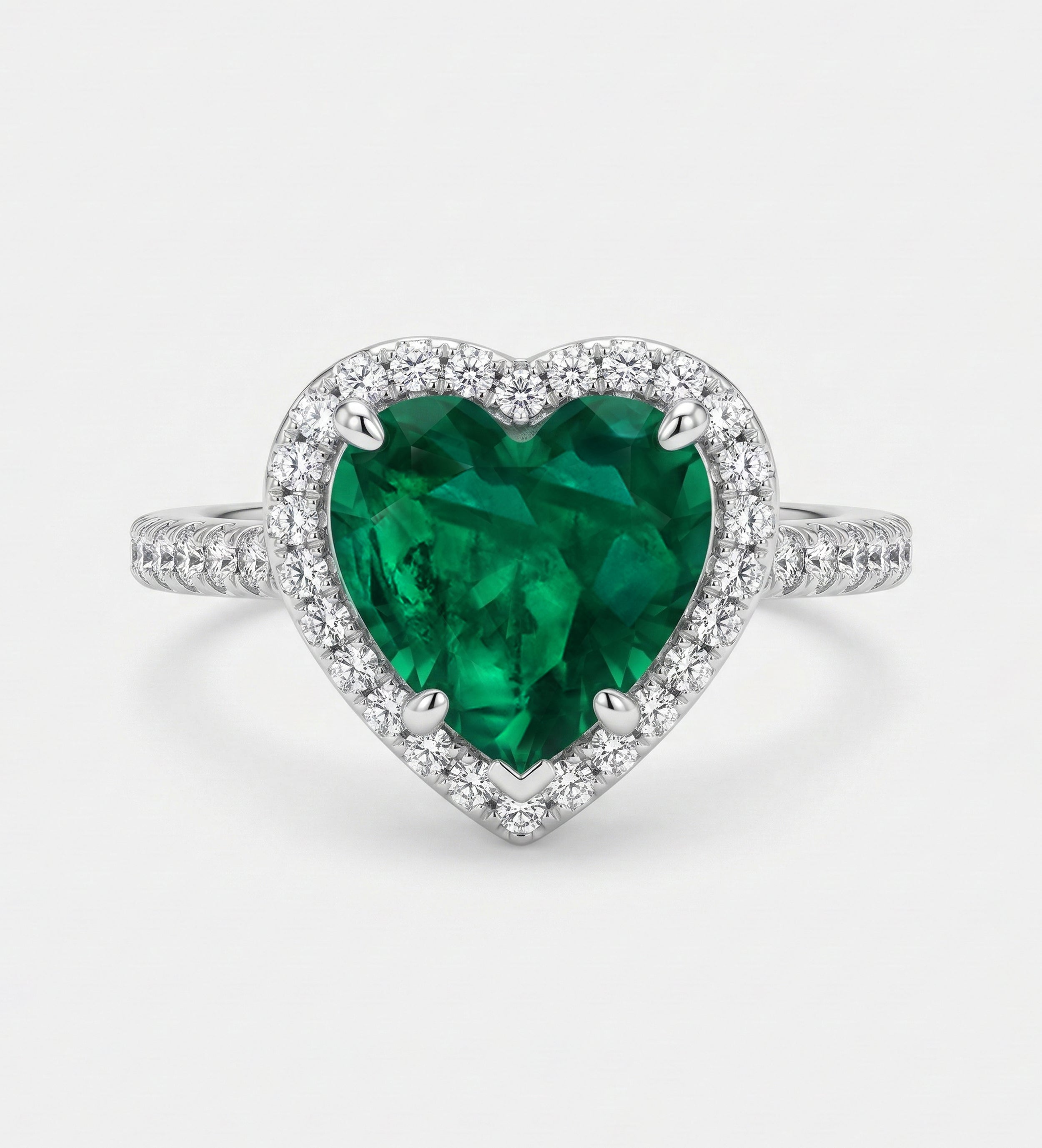 Emerald Heart Majesty Ring in 925 Silver High Quality Simulated Diamonds and Crafted Heart - Shaped Emerald Stone - Ash & Harry