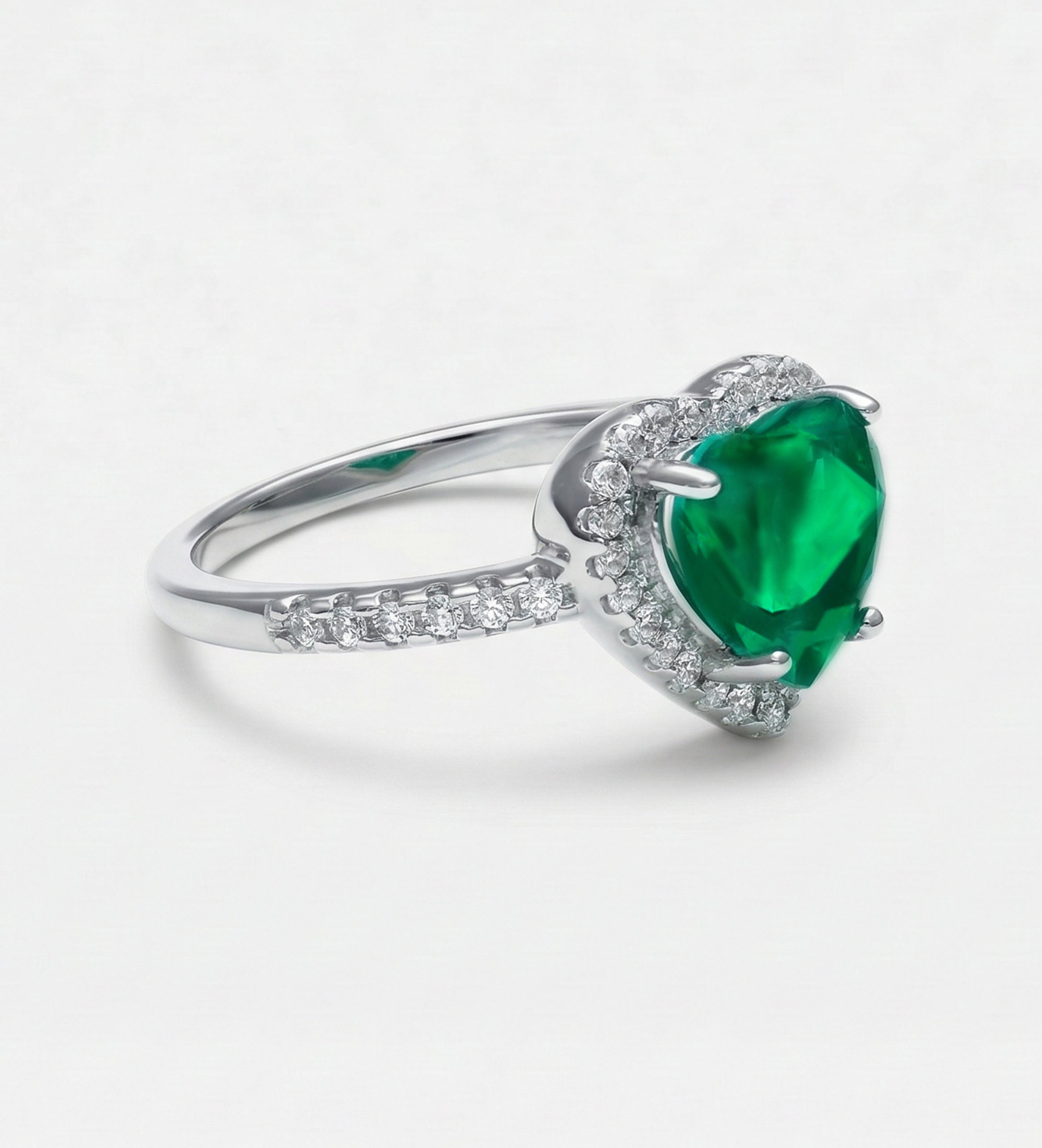 Emerald Heart Majesty Ring in 925 Silver High Quality Simulated Diamonds and Crafted Heart - Shaped Emerald Stone - Ash & Harry