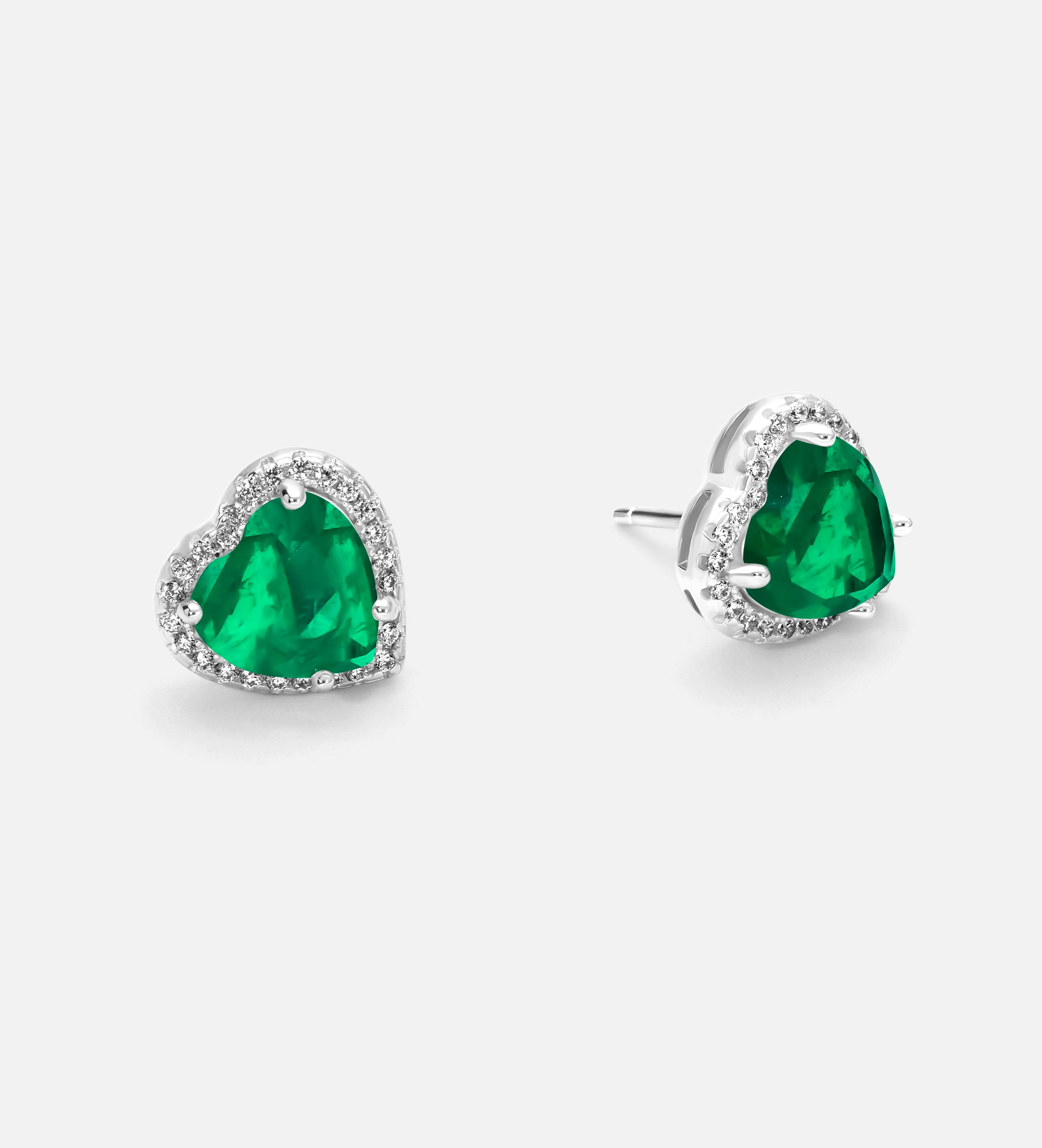 Emerald Heart Majesty Studs in 925 Silver High Quality Simulated Diamonds and Crafted Heart - Shaped Emerald Stones - Ash & Harry