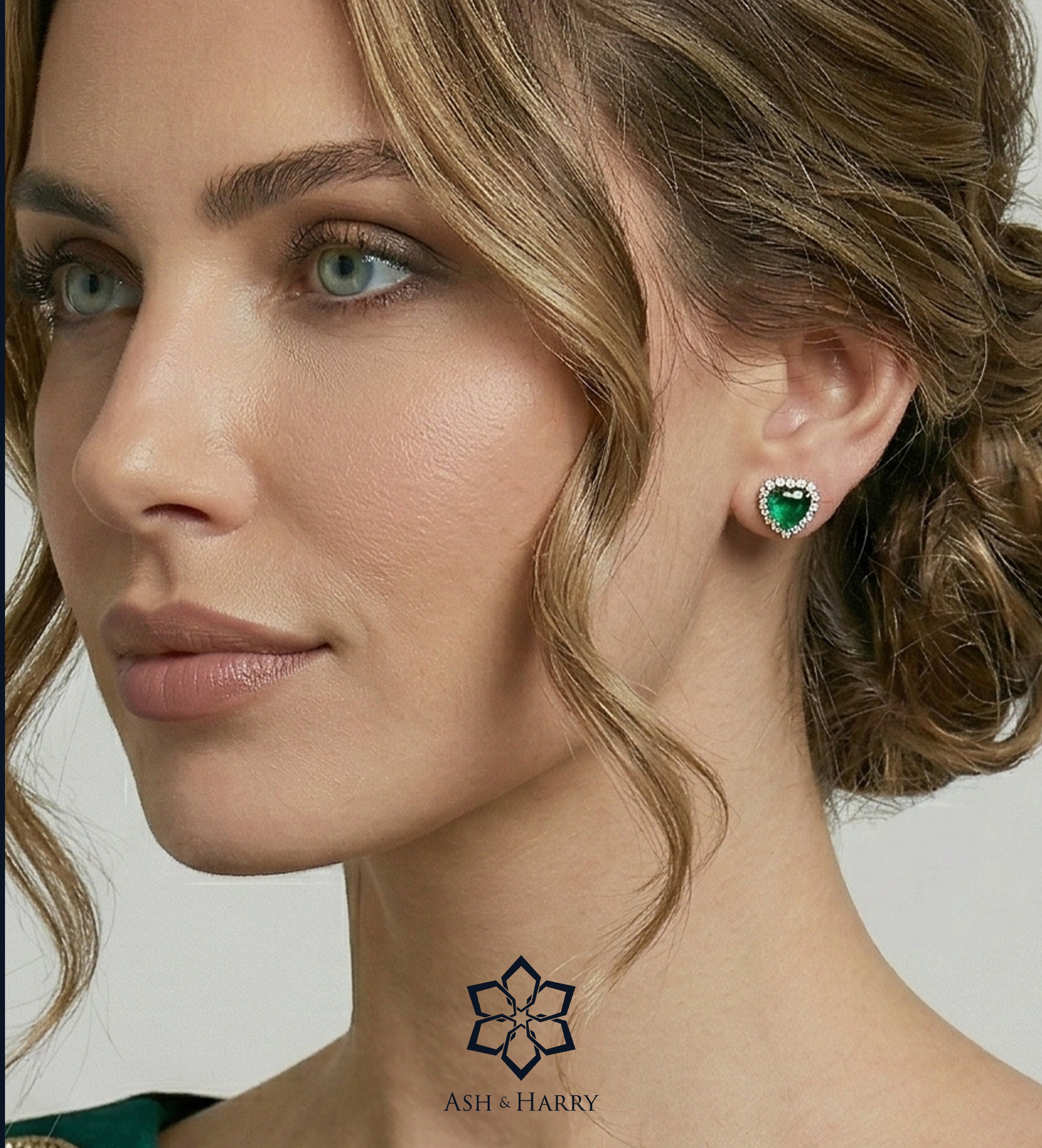 Emerald Heart Majesty Studs in 925 Silver High Quality Simulated Diamonds and Crafted Heart - Shaped Emerald Stones - Ash & Harry