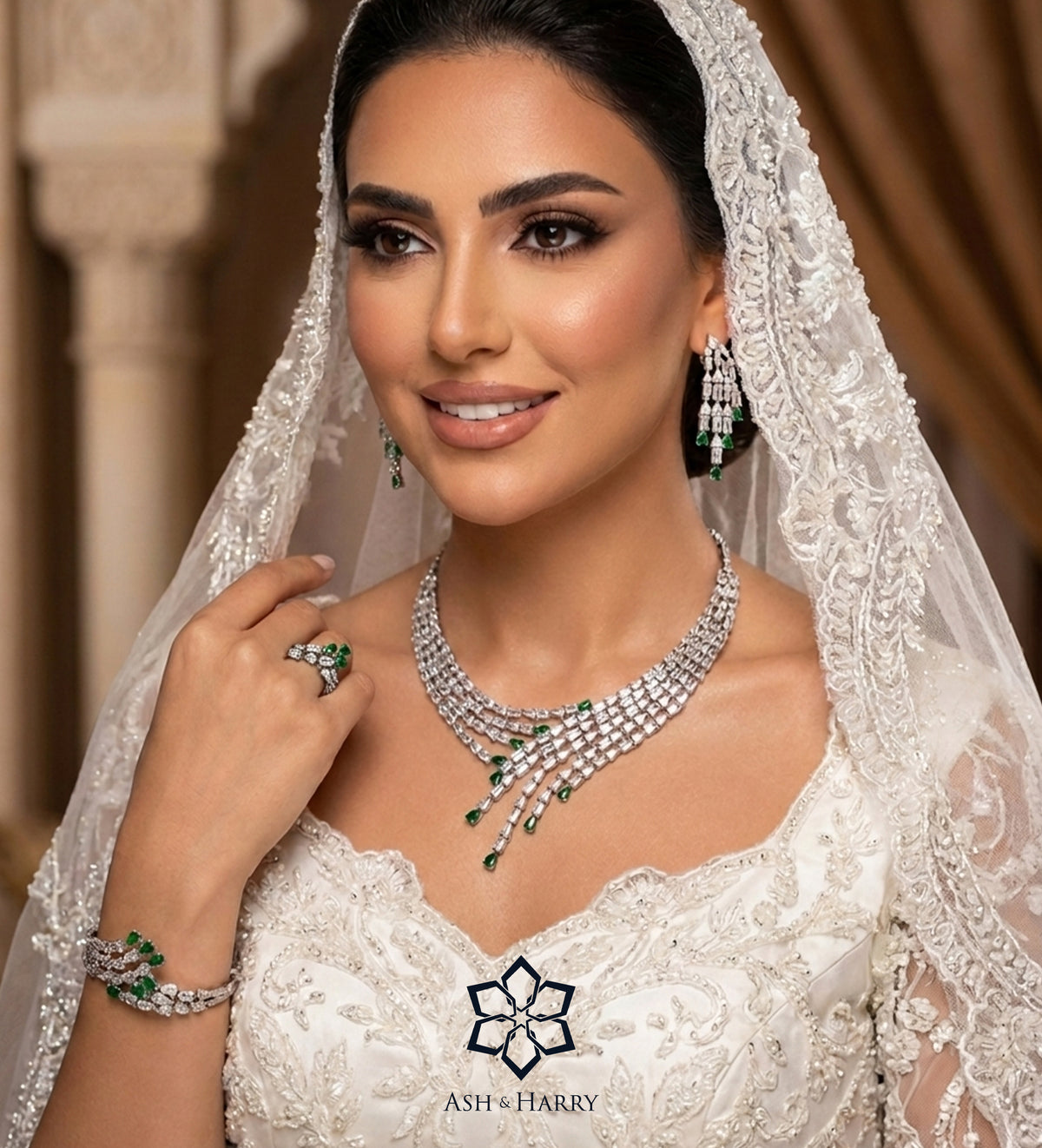 Estelle Green Luxury Bridal Full Set in High Quality Simulated Diamonds Rhodium Plated - Ash & Harry