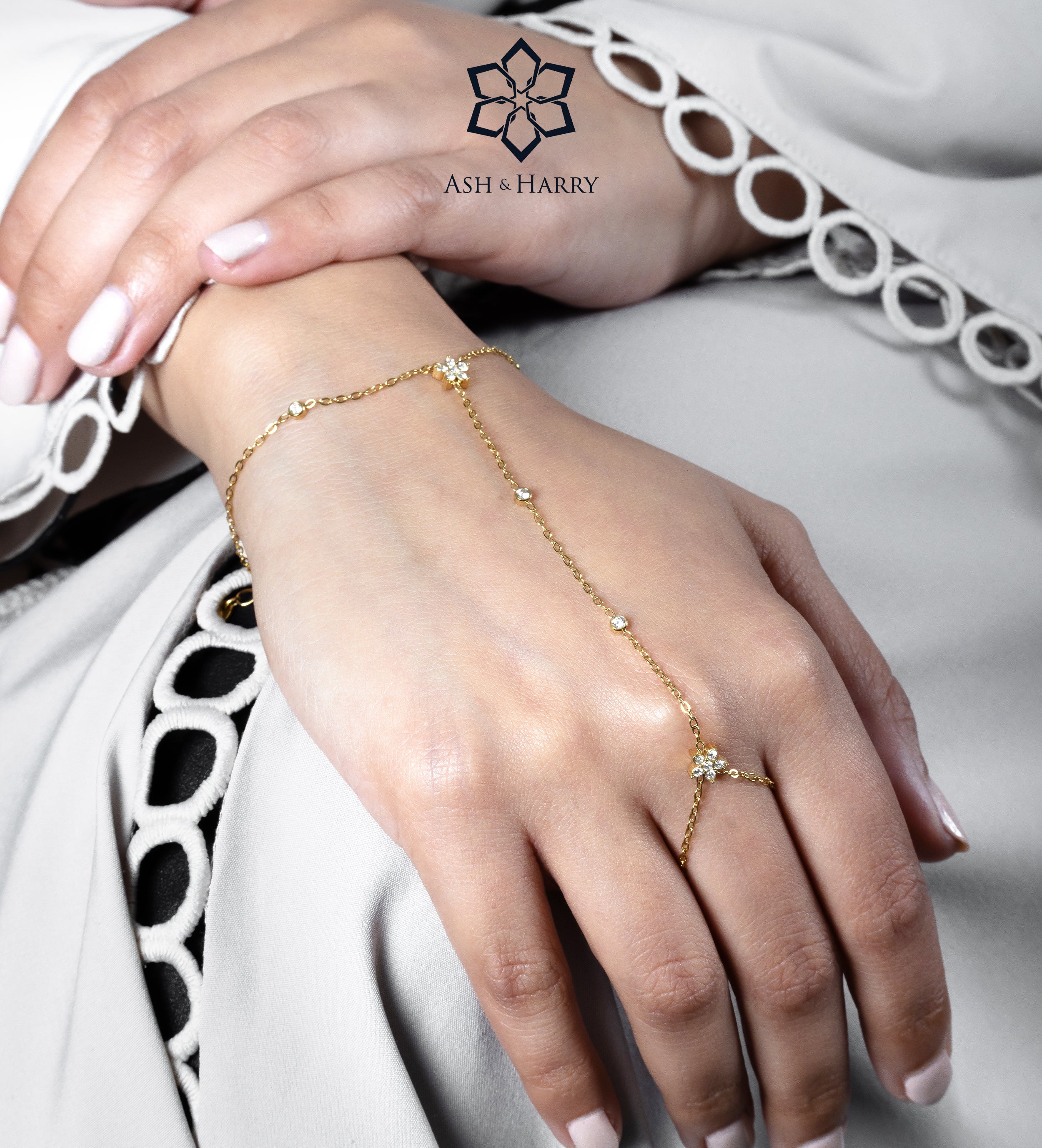 Fleur Link Hand Chain in Gold With High Quality Simulated Diamonds - Ash & Harry