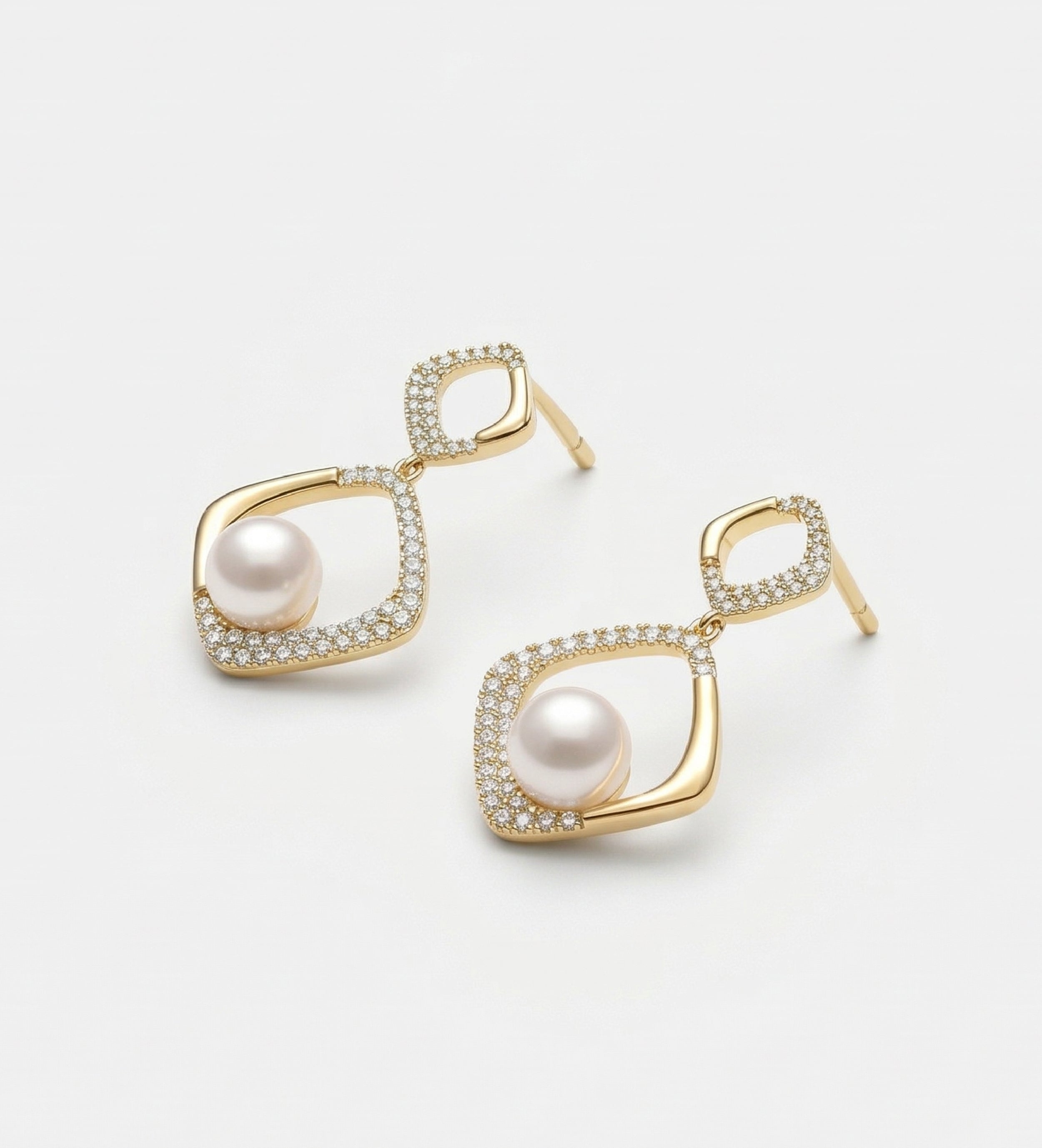 Gilded Frame Pearl Earrings with Pearl and Simulated Diamonds - Ash & Harry