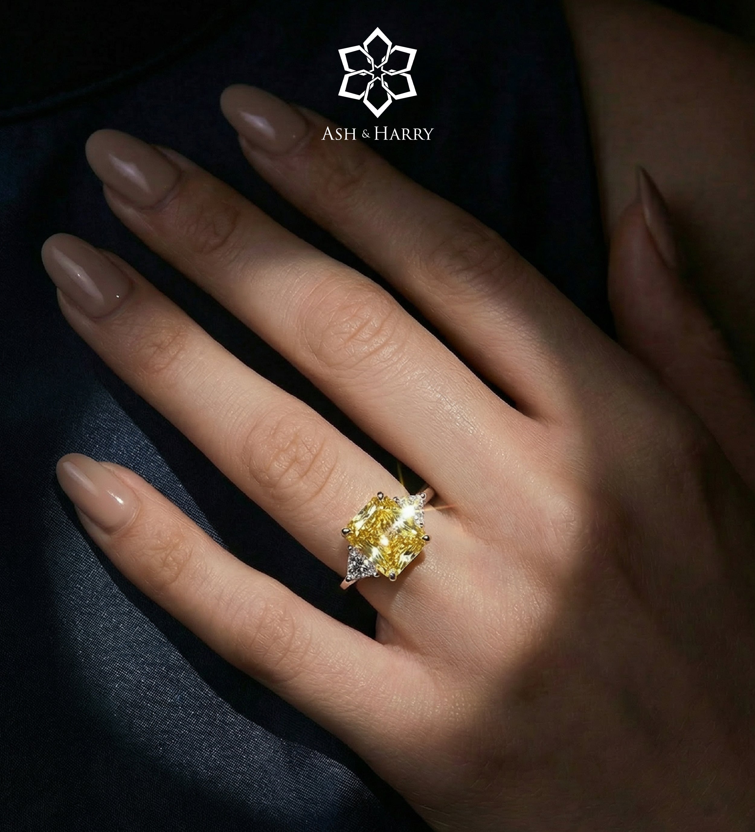 Golden Hour Cushion Ring in 925 Silver with High - Quality White and Canary Simulated Diamonds - Ash & Harry