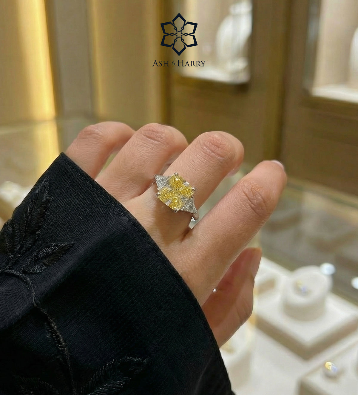 Golden Hour Cushion Ring in 925 Silver with High - Quality White and Canary Simulated Diamonds - Ash & Harry