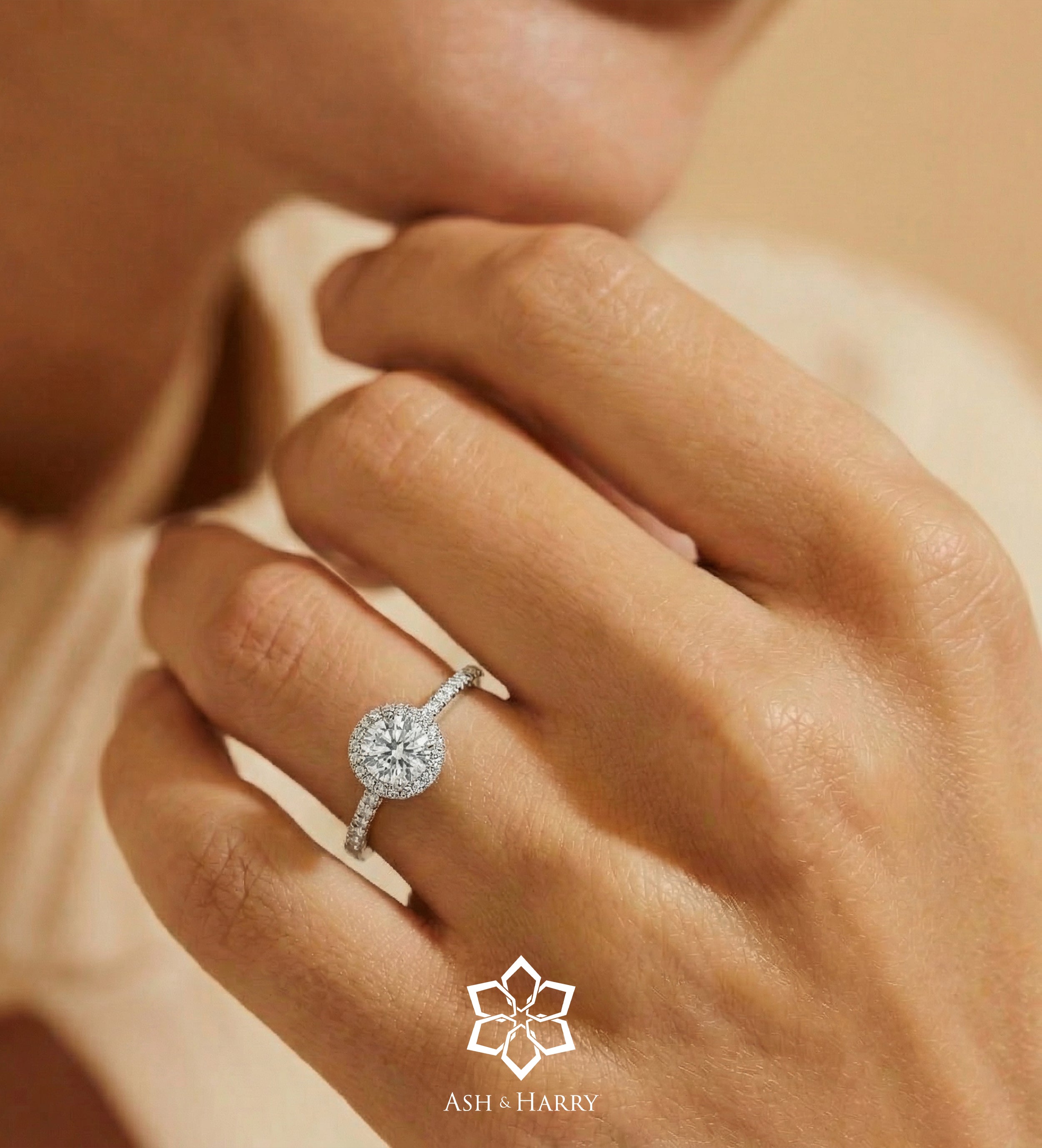 Halo Solitaire Ring in 925 Silver with High - Quality White Simulated Diamonds - Ash & Harry