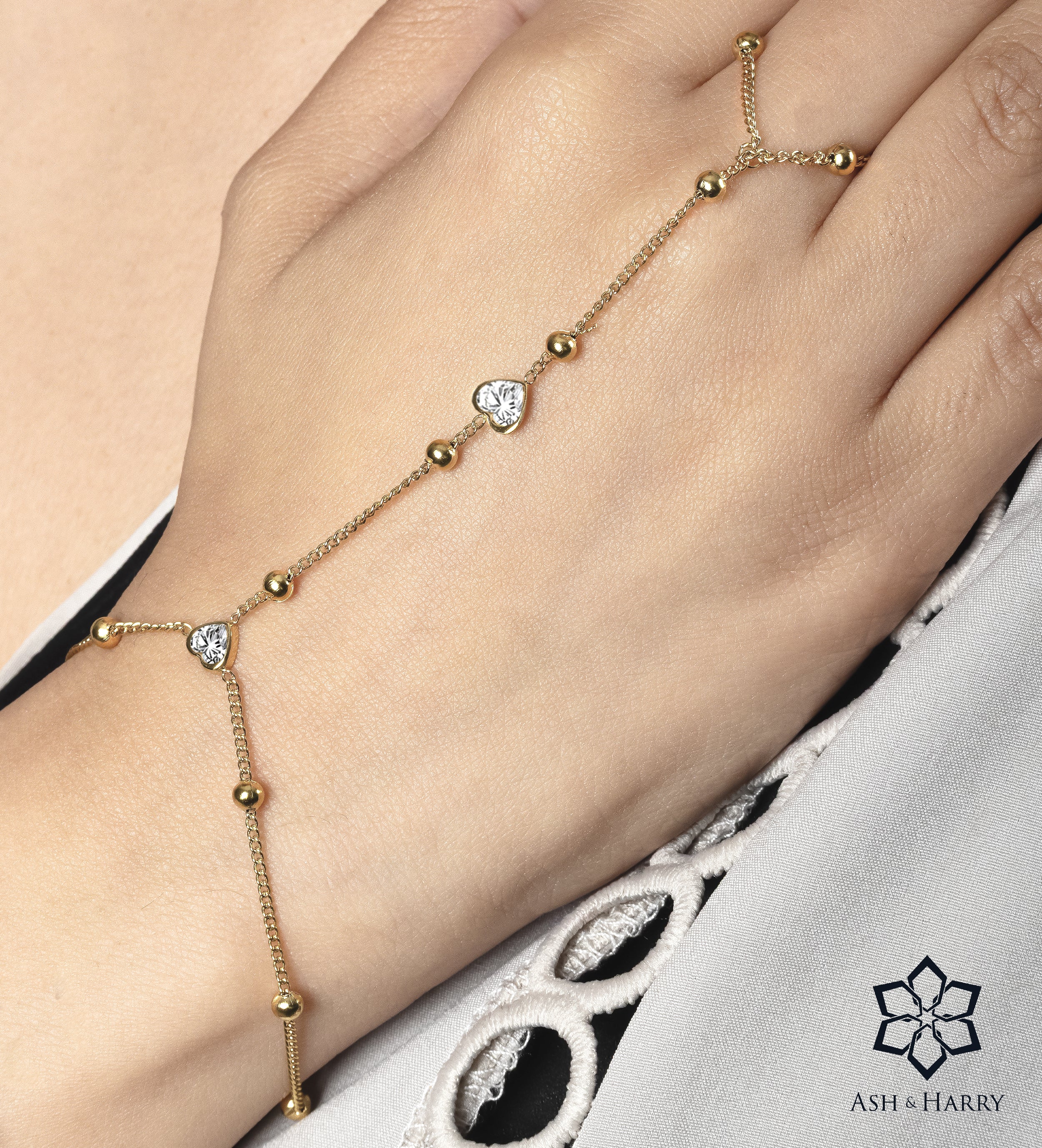 Heart Drop Hand Chain in Gold With High Quality Simulated Diamonds - Ash & Harry