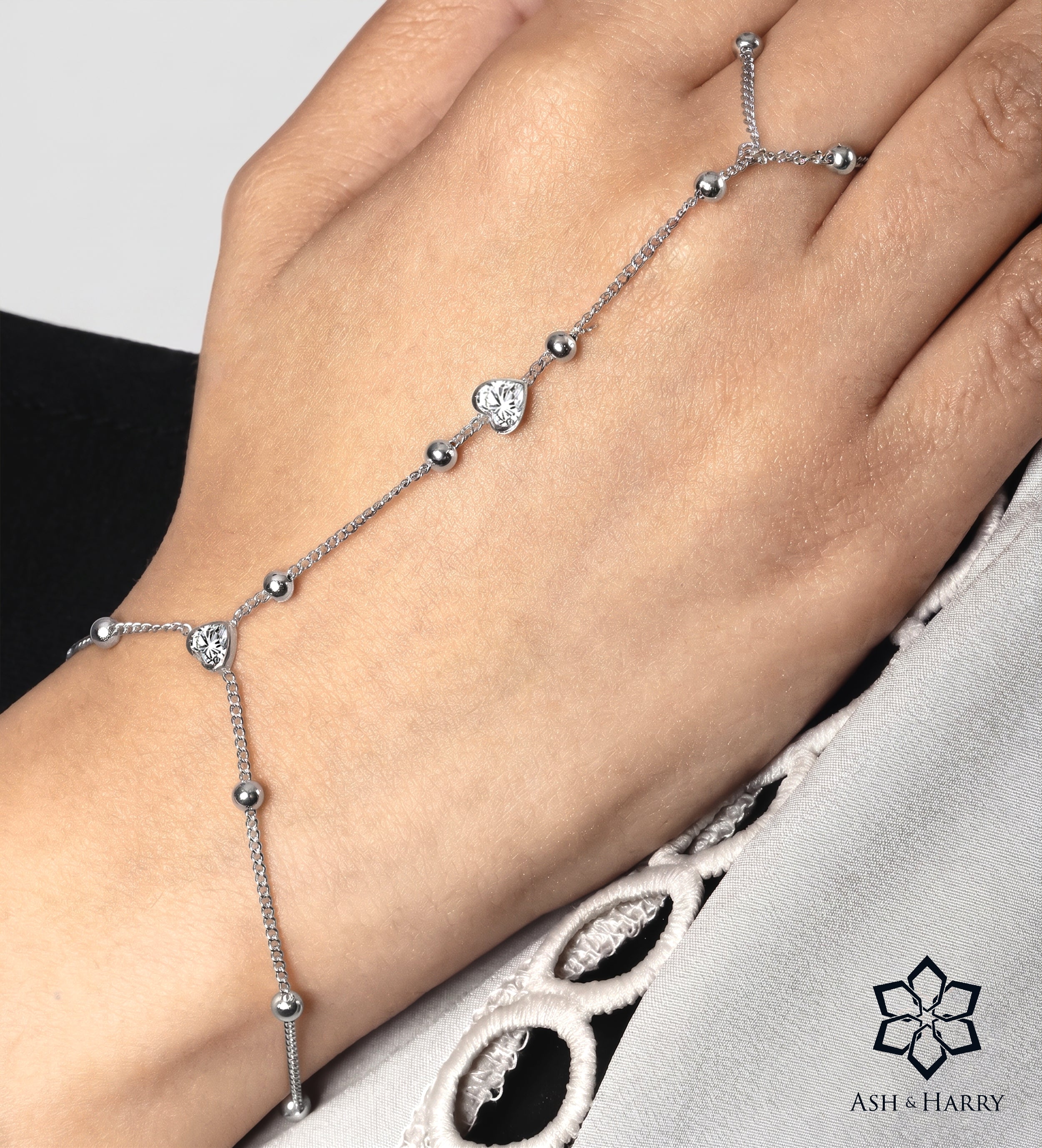 Heart drop Hand Chain in Silver With High Quality Simulated Diamonds - Ash & Harry