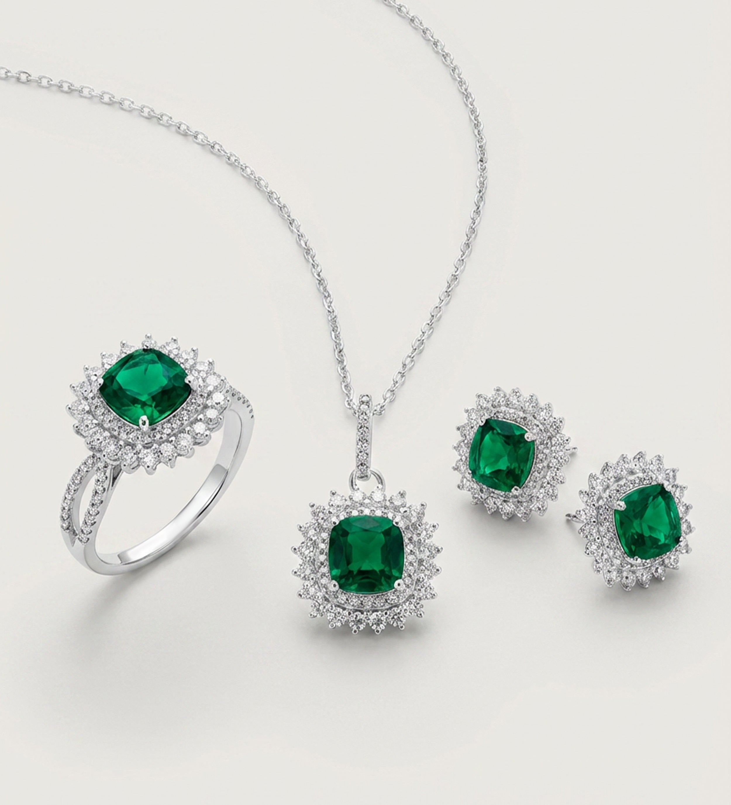 Imperial Emerald Crown Full Set in 925 Silver High Quality Simulated Diamonds and Crafted Emerald Stones - 3 Items - Ash & Harry
