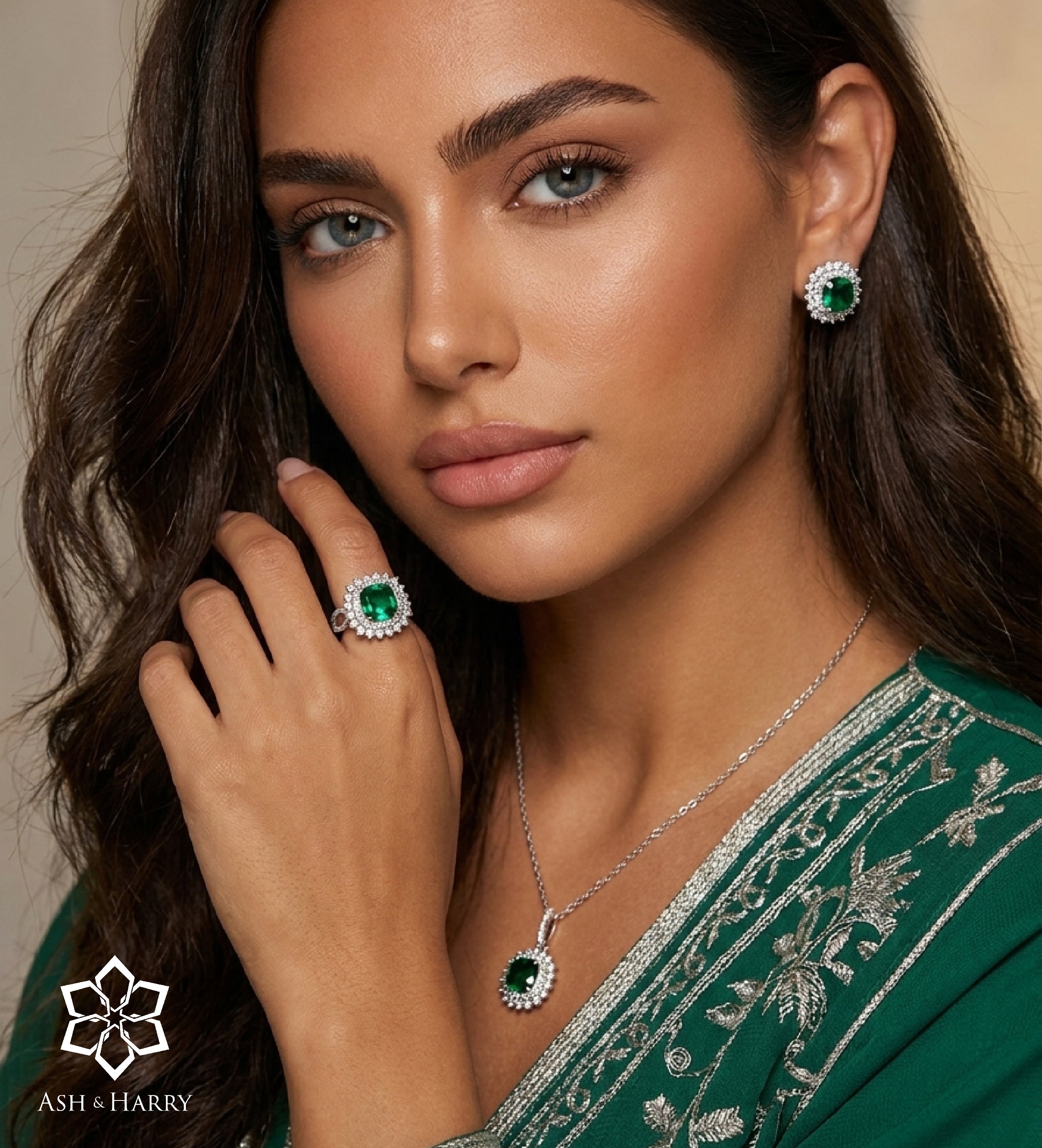 Imperial Emerald Crown Full Set in 925 Silver High Quality Simulated Diamonds and Crafted Emerald Stones - 3 Items - Ash & Harry