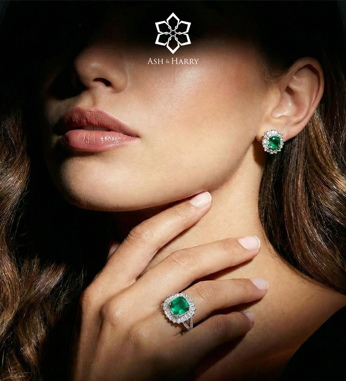 Imperial Emerald Crown Studs in 925 Silver High Quality Simulated Diamonds and Crafted Emerald Stones - Ash & Harry