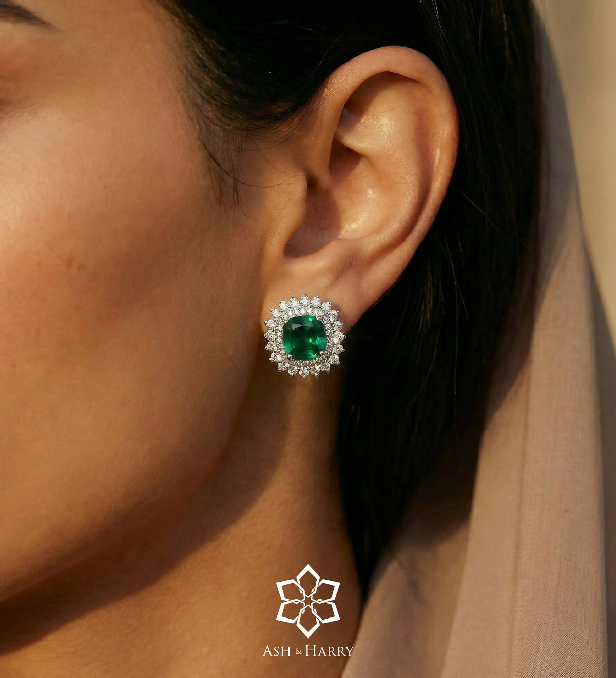 Imperial Emerald Crown Studs in 925 Silver High Quality Simulated Diamonds and Crafted Emerald Stones - Ash & Harry