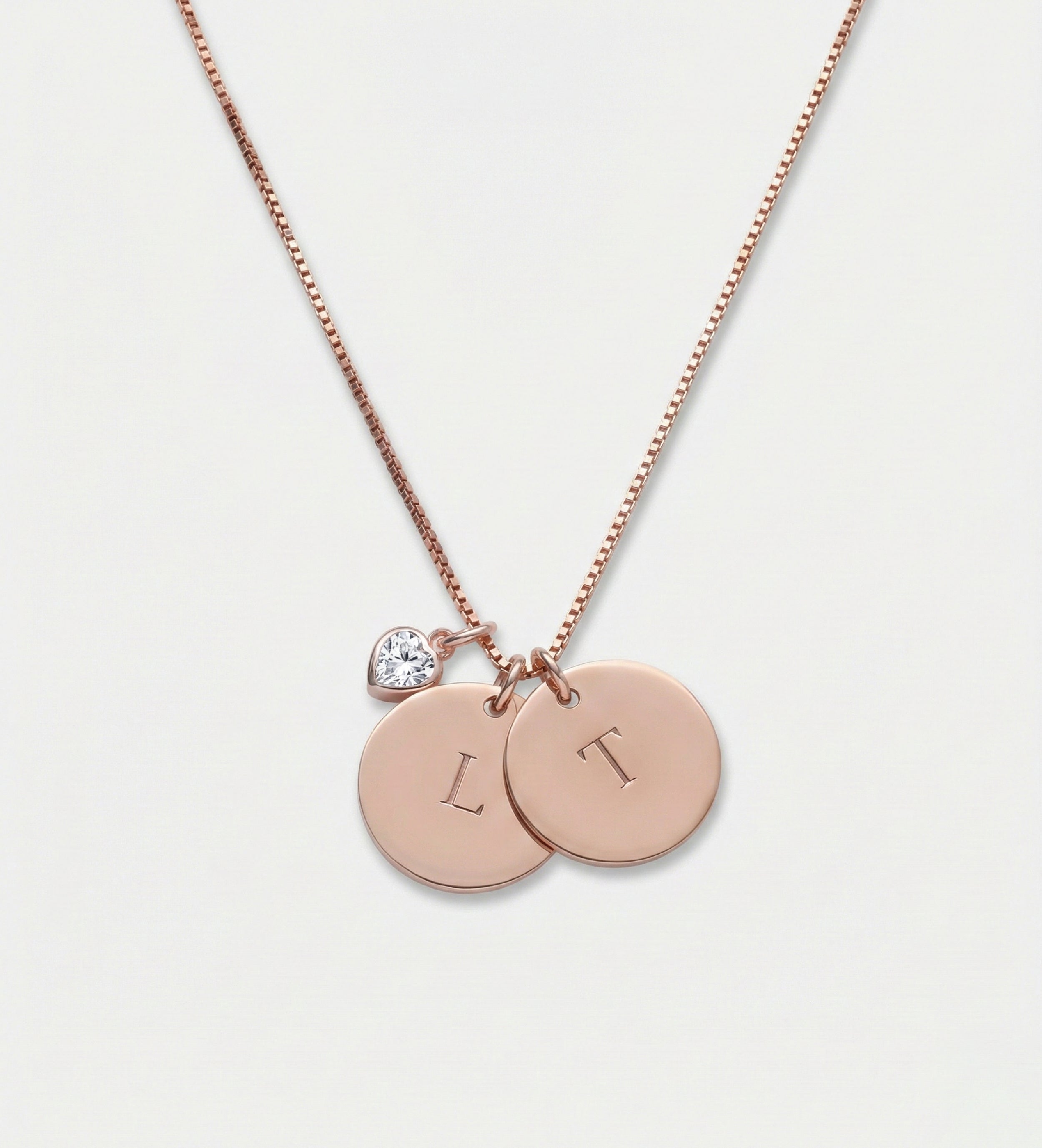 Initial Disc Necklace With .2CT Heart Shaped Lab Diamond in 18K Rose Gold Plating on 925 Silver - Ash & Harry