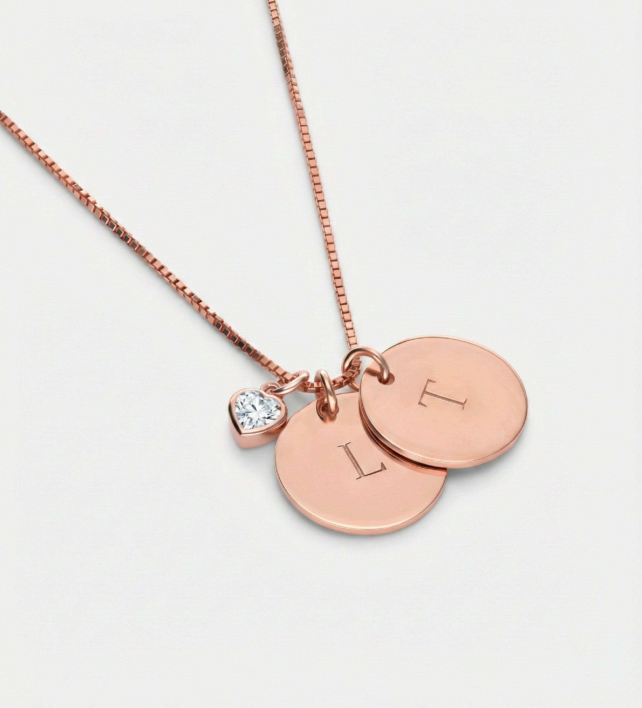 Initial Disc Necklace With .2CT Heart Shaped Lab Diamond in 18K Rose Gold Plating on 925 Silver - Ash & Harry