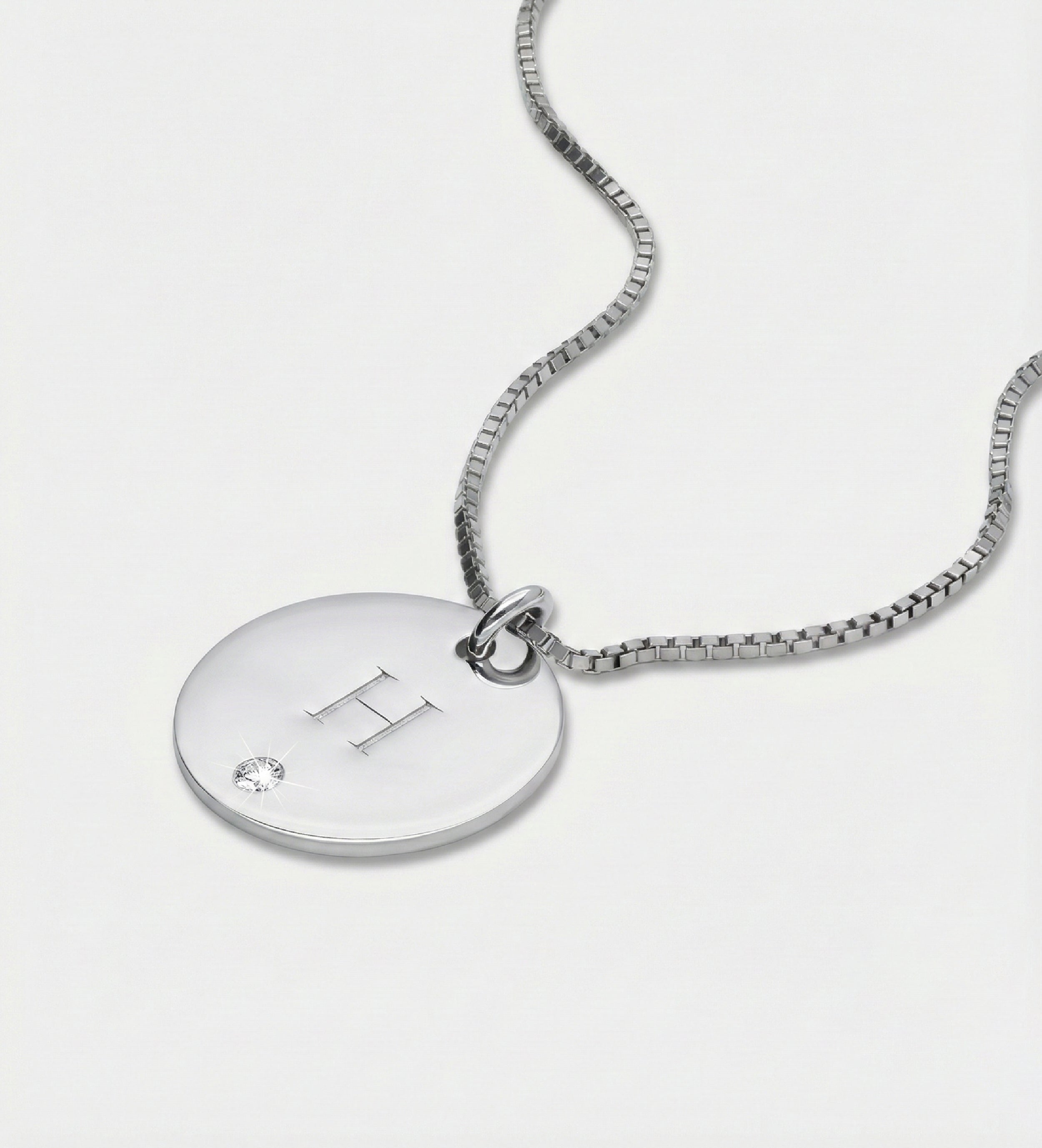 Initial Disc Necklace With Lab Diamond in Rhodium Plating on 925 Silver - Ash & Harry