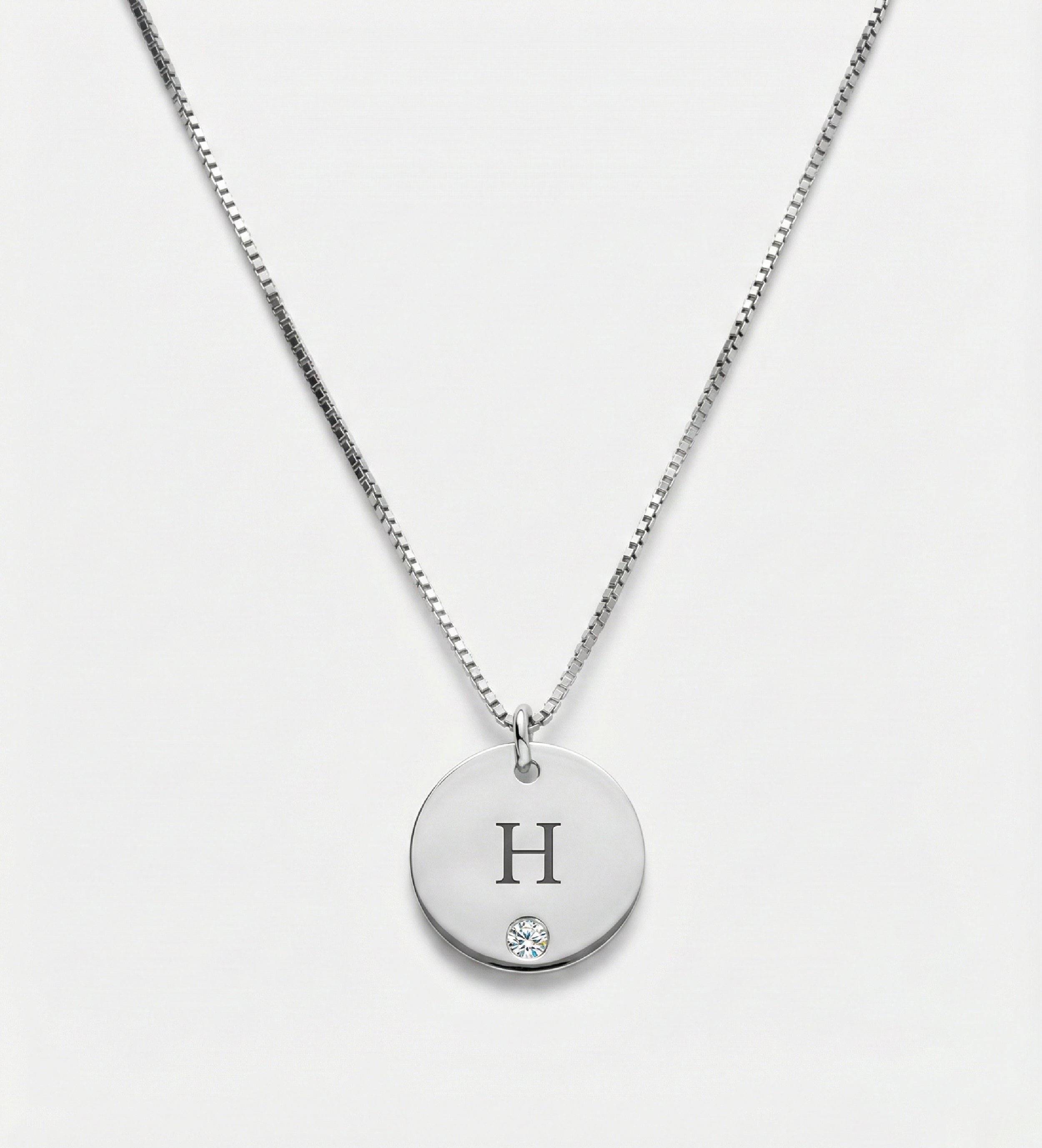 Initial Disc Necklace With Lab Diamond in Rhodium Plating on 925 Silver - Ash & Harry