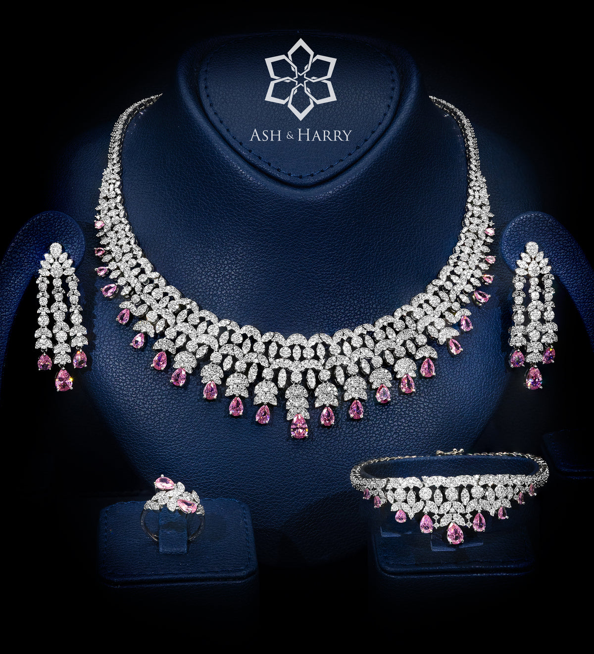 Jouri Royal Pink and White Bridal Full Set with Brilliant - Cut Simulated Diamonds, Rhodium Plated - Ash & Harry