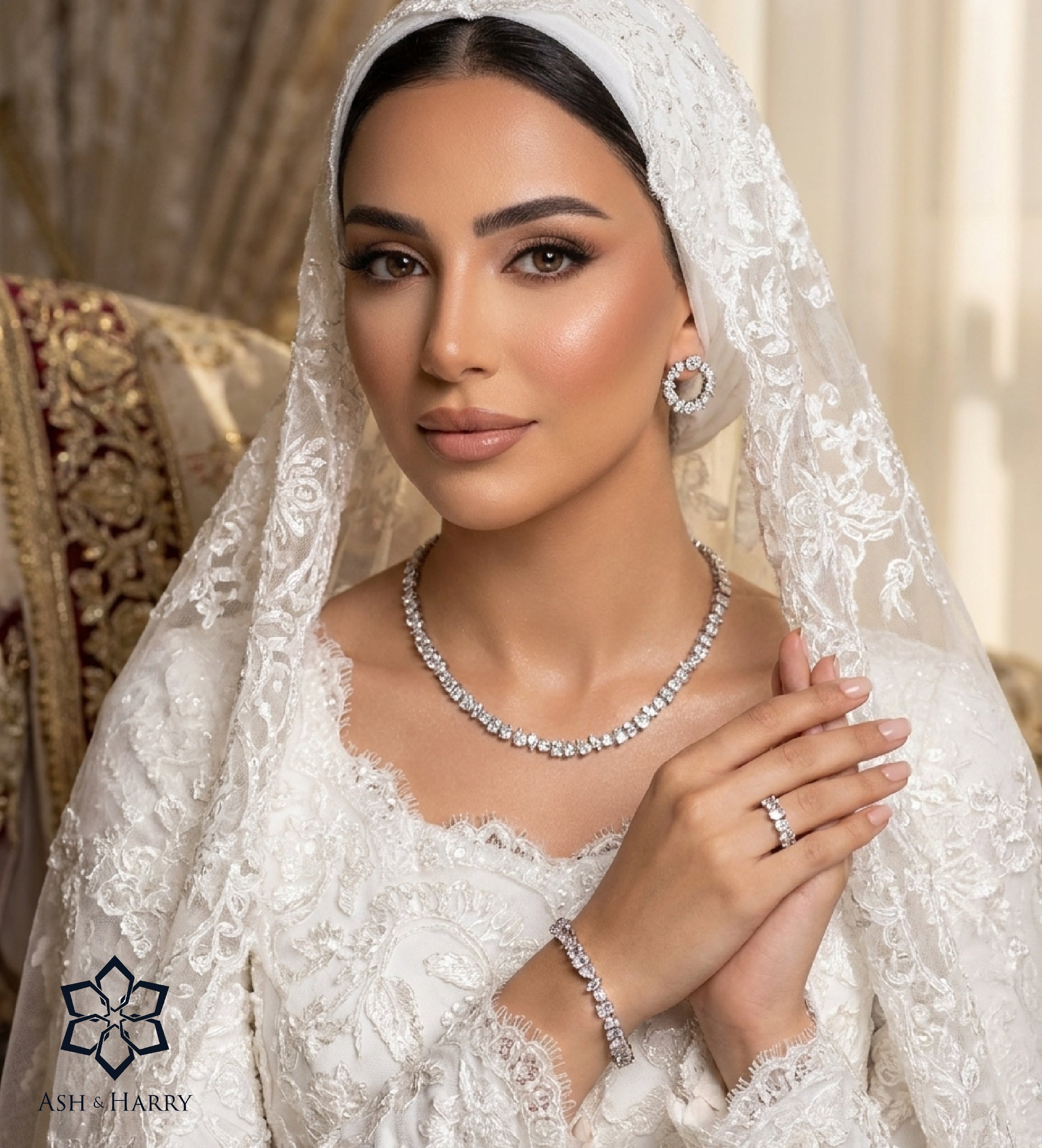 Laleh White Luxury Bridal Full Set with High Quality Simulated Stones Rhodium Plated - Ash & Harry