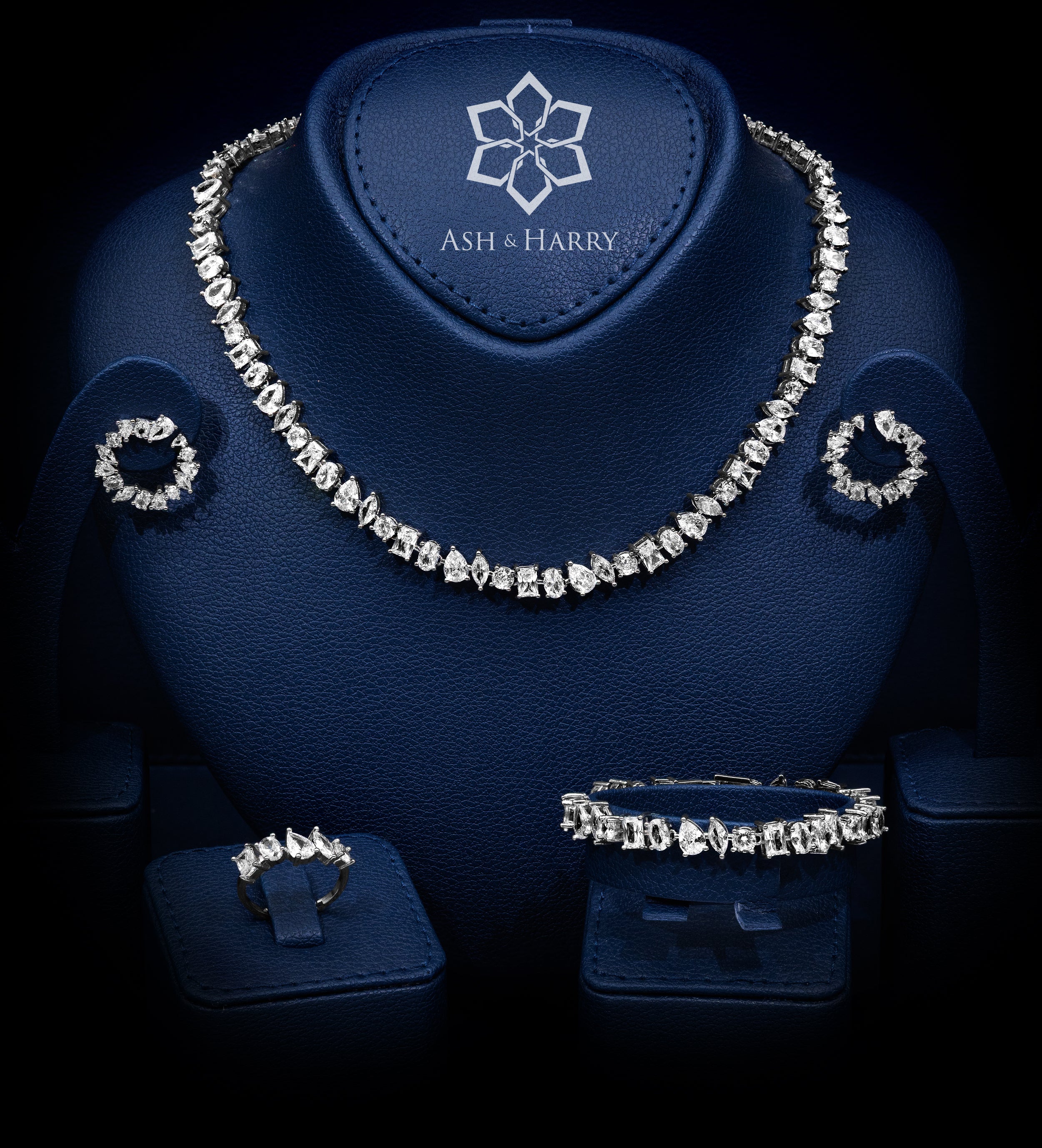 Laleh White Luxury Bridal Full Set with High Quality Simulated Stones Rhodium Plated - Ash & Harry