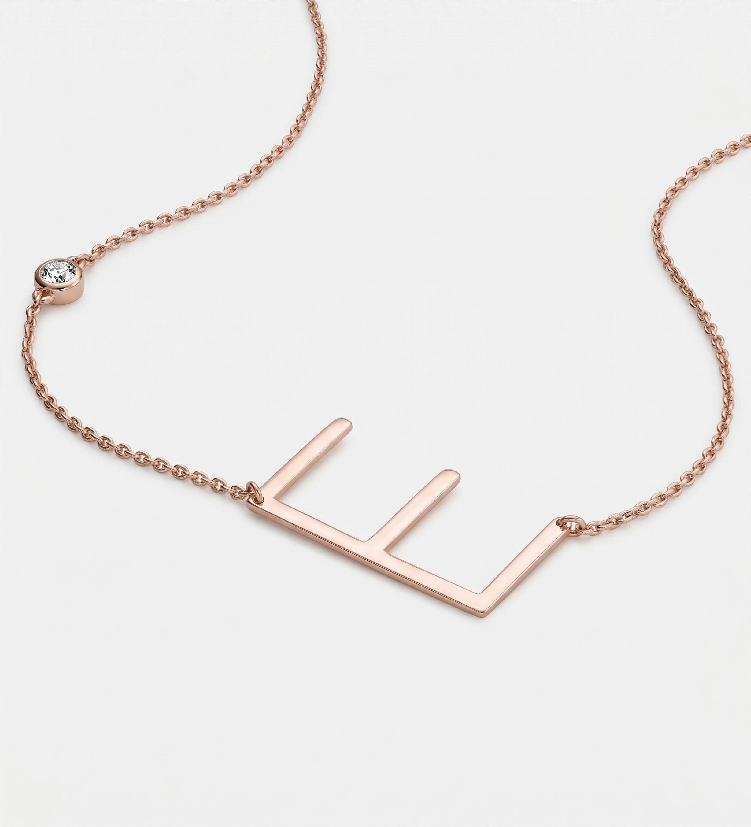 Large Initial Necklace With Lab Diamond in 18K Rose Gold Plating on 925 Silver - Ash & Harry