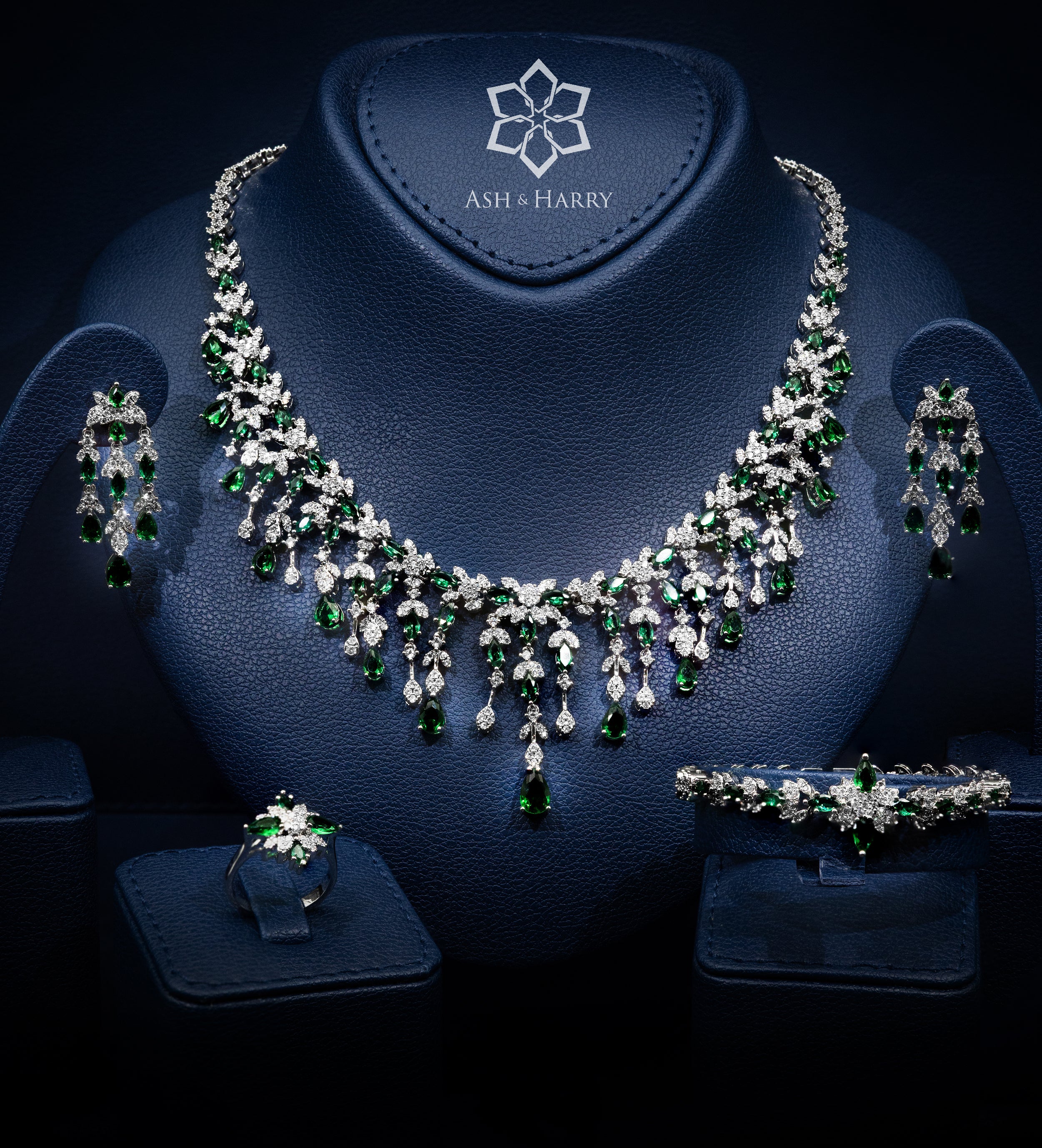 Layla Emerald Green Luxury Bridal Full Set in High Quality Simulated Diamonds Rhodium Plated - Ash & Harry