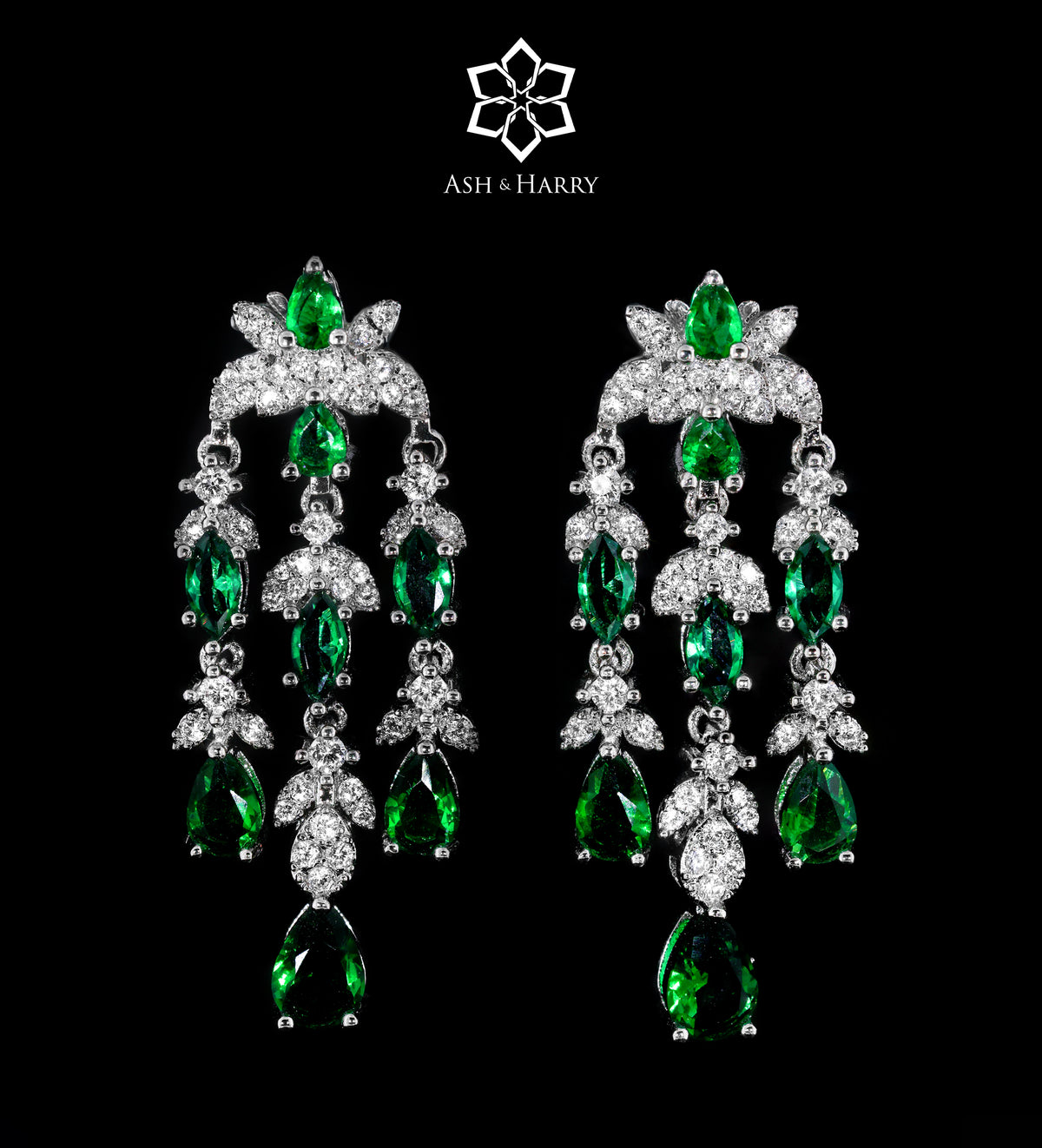 Layla Emerald Green Luxury Bridal Full Set in High Quality Simulated Diamonds Rhodium Plated - Ash & Harry