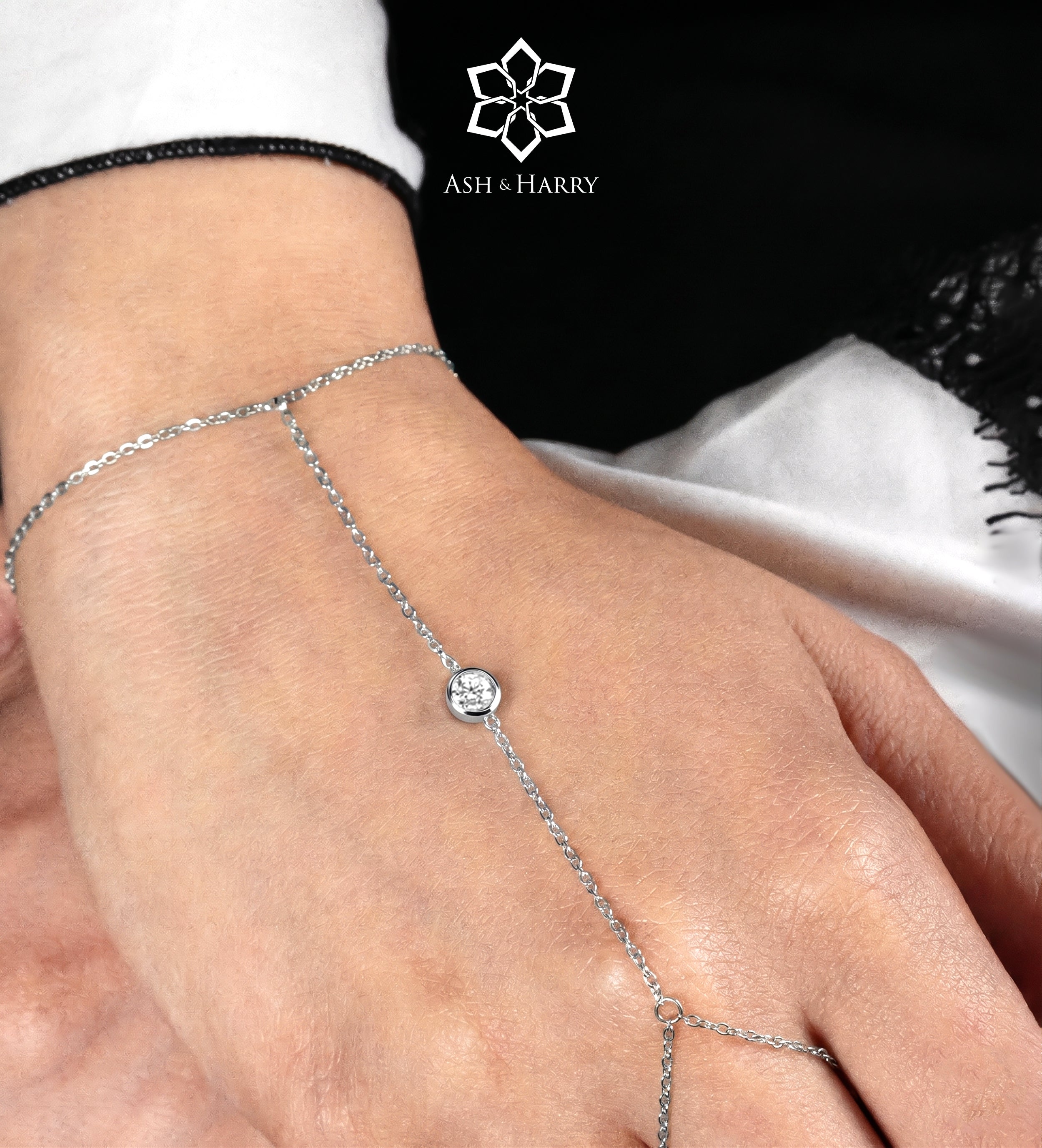 Lumi Dot Hand Chain in Silver With High Quality Simulated Diamonds - Ash & Harry