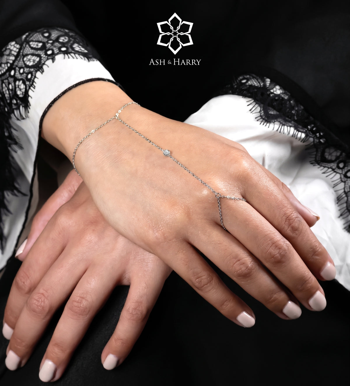 Lumi Dot Hand Chain in Silver With High Quality Simulated Diamonds - Ash & Harry