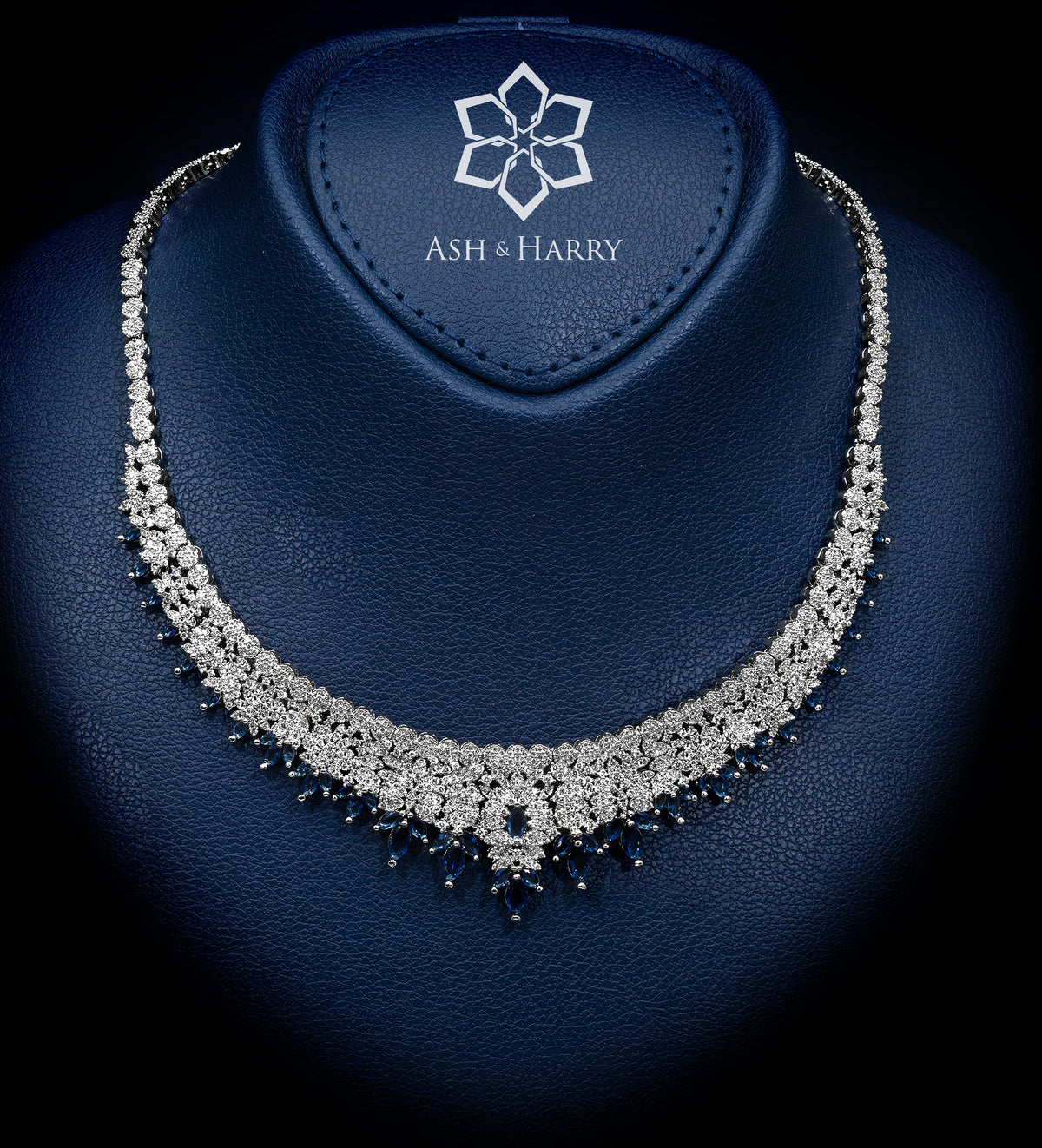 Mahra Royal Blue and White Bridal Full Set with Hand - Set Simulated Sapphires and Diamonds in Rhodium Plated Finish - Ash & Harry