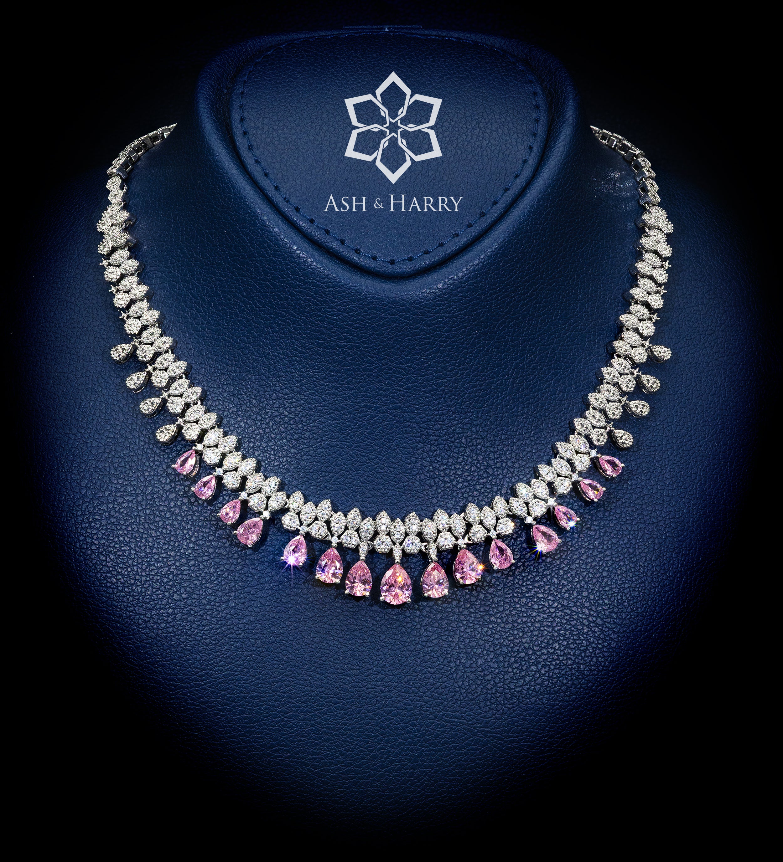 Tuscany Royal Pink Bridal Full Set with Hand - Set Simulated Diamonds, Rhodium Plated - Ash & Harry