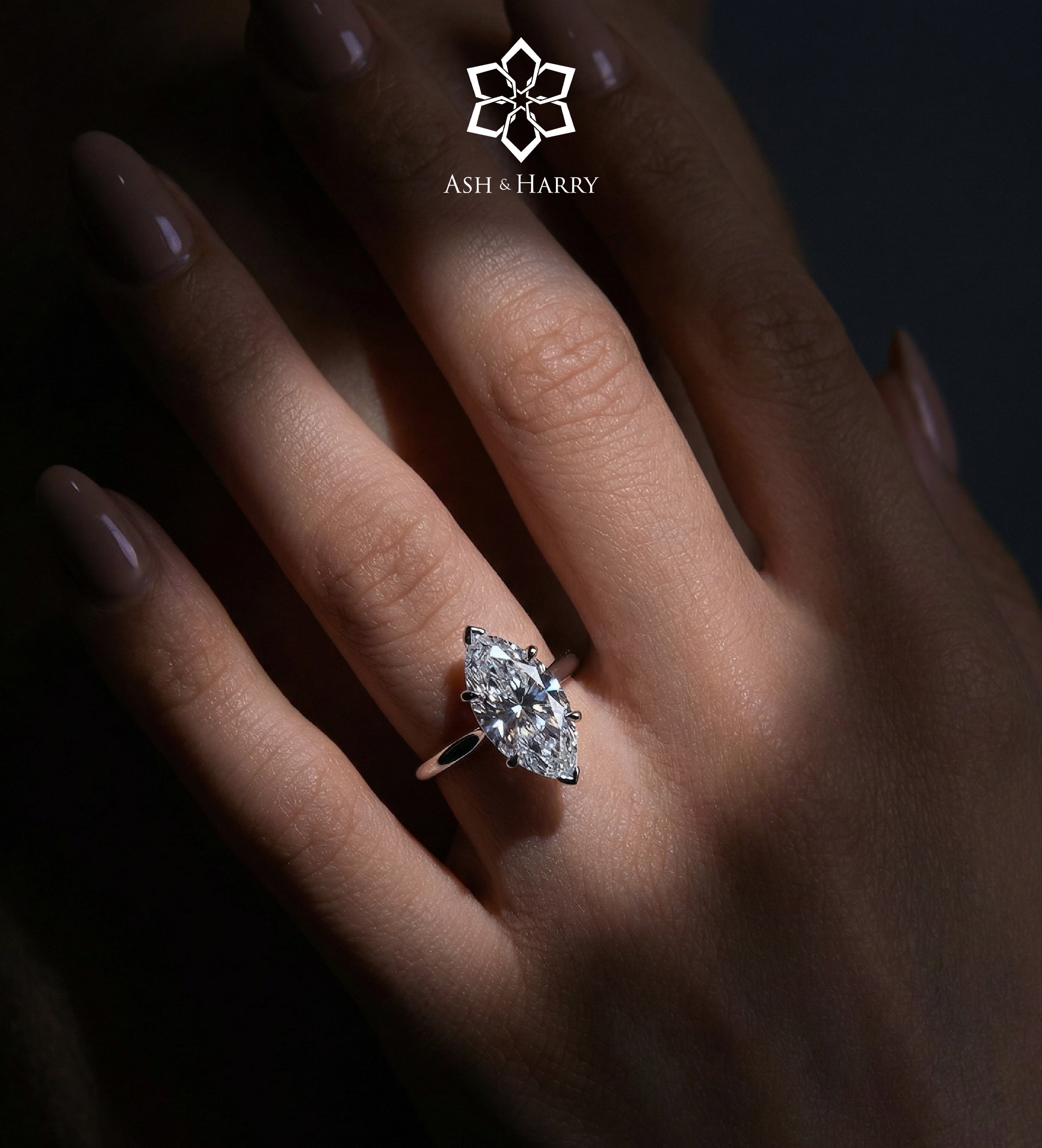 Marquise Solitaire Ring in 925 Silver with High - Quality White Simulated Diamond - Ash & Harry