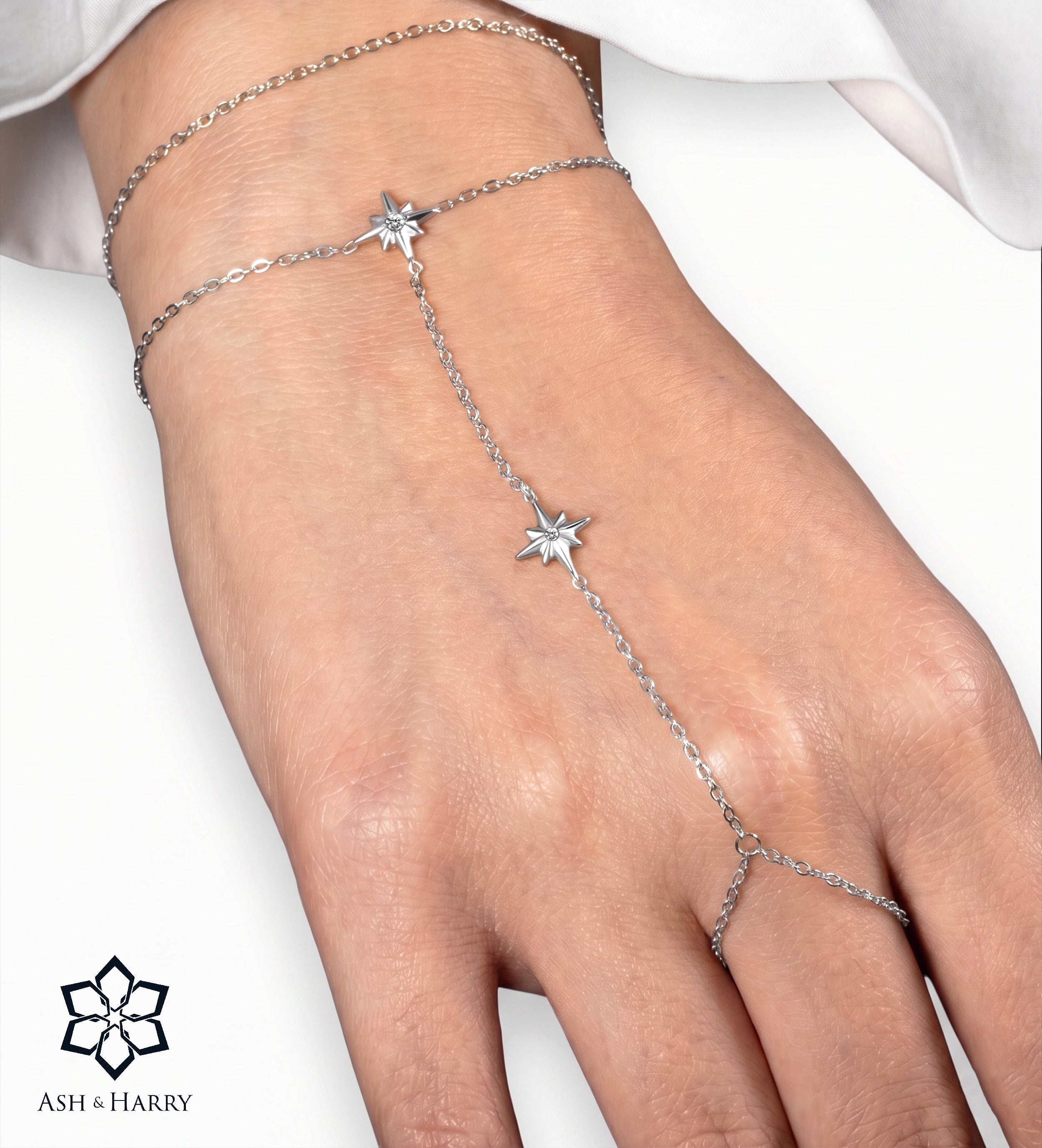 Najma Hand Chain in Silver With High Quality Simulated Diamonds - Ash & Harry