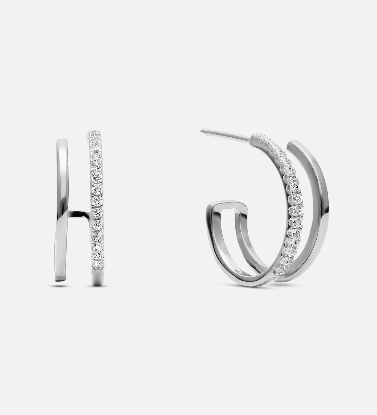 Double Huggie Earrings in Rhodium Plating on 925 Silver - Ash & Harry