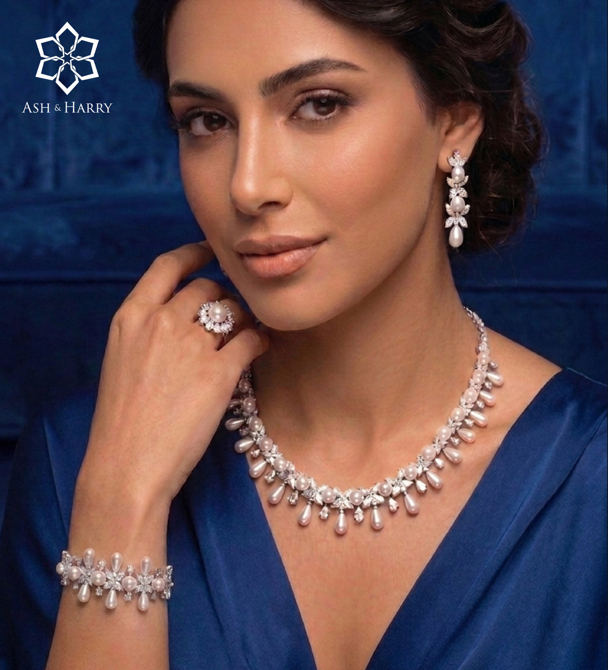 Parisa Pure White Pearl Luxury Bridal Full Set in High Quality Simulated Diamonds Rhodium Plated - Ash & Harry