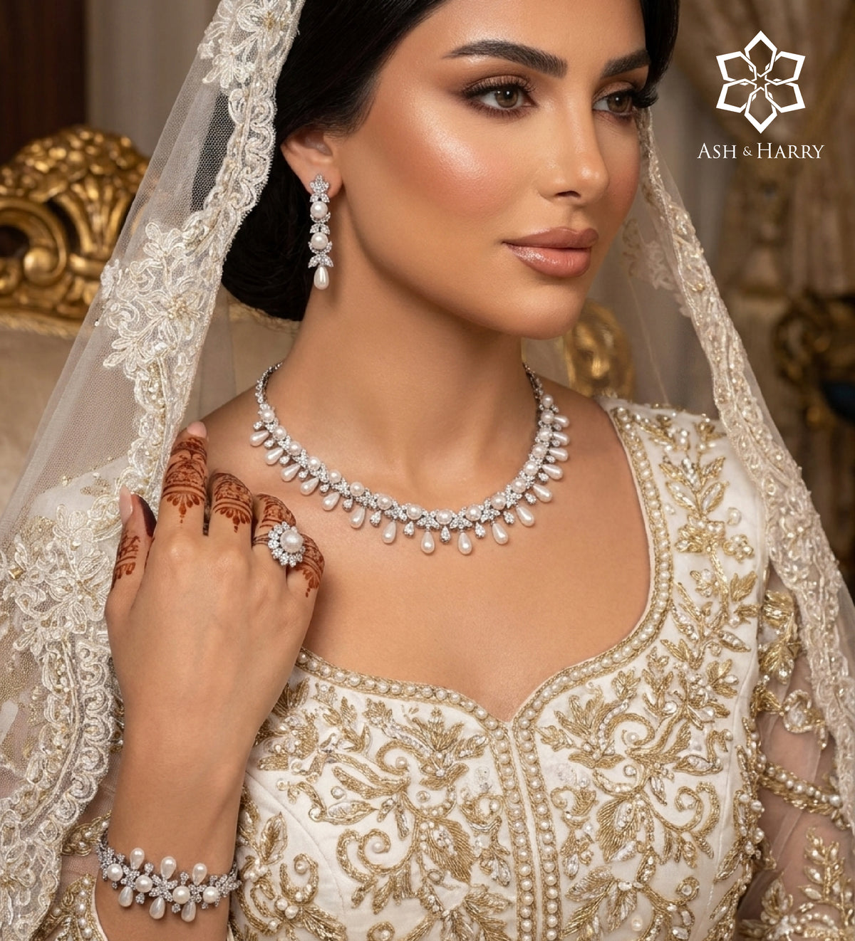 Parisa Pure White Pearl Luxury Bridal Full Set in High Quality Simulated Diamonds Rhodium Plated - Ash & Harry