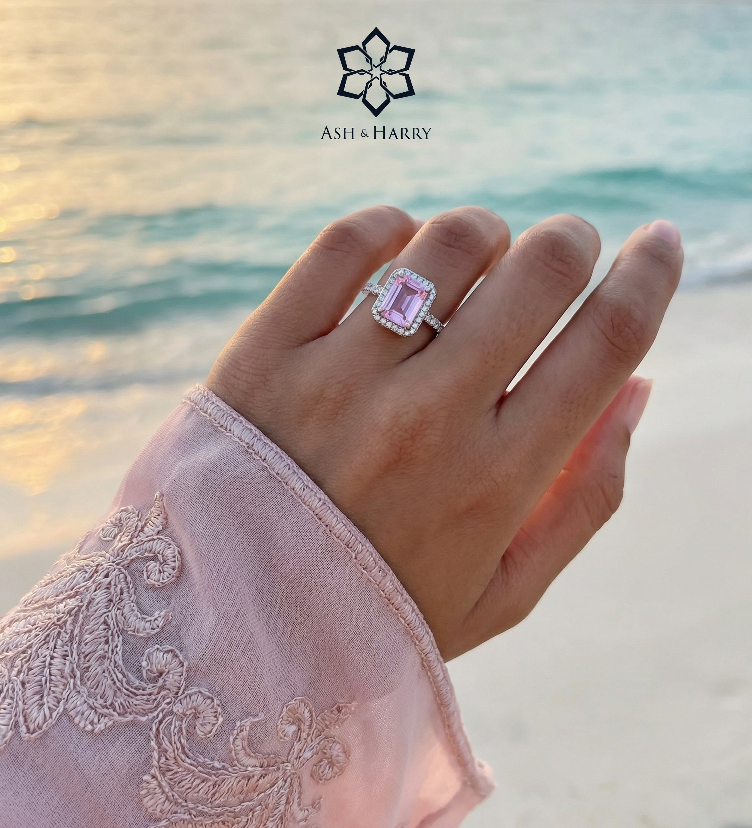 Pink Aurora Halo Ring in 925 Silver with High - Quality White and Pink Simulated Diamonds - Ash & Harry