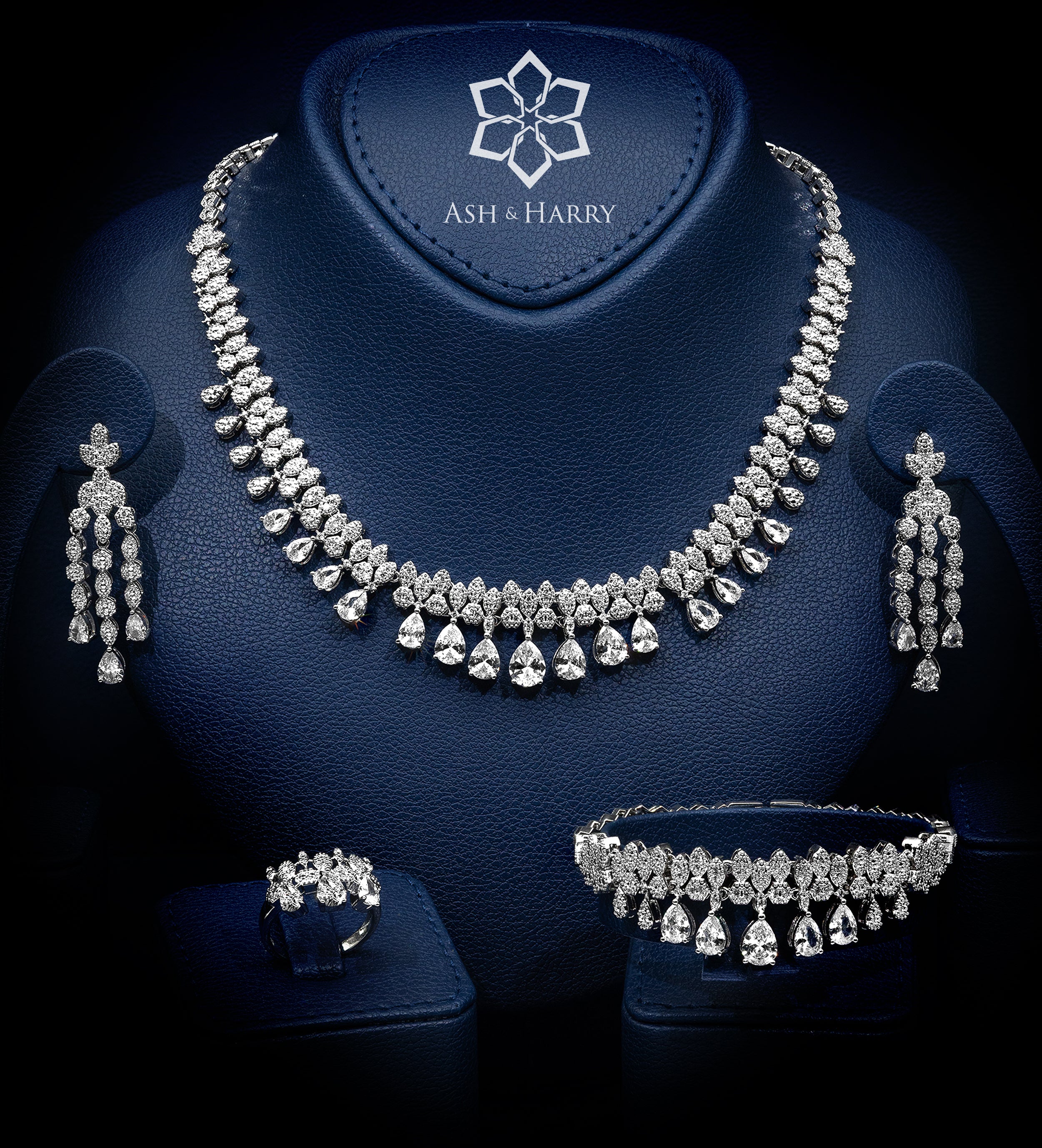 Portofino White Bridal Full Set with Graduated Cluster Centerpiece in Brilliant - Cut Simulated Diamonds, Rhodium Plated - Ash & Harry