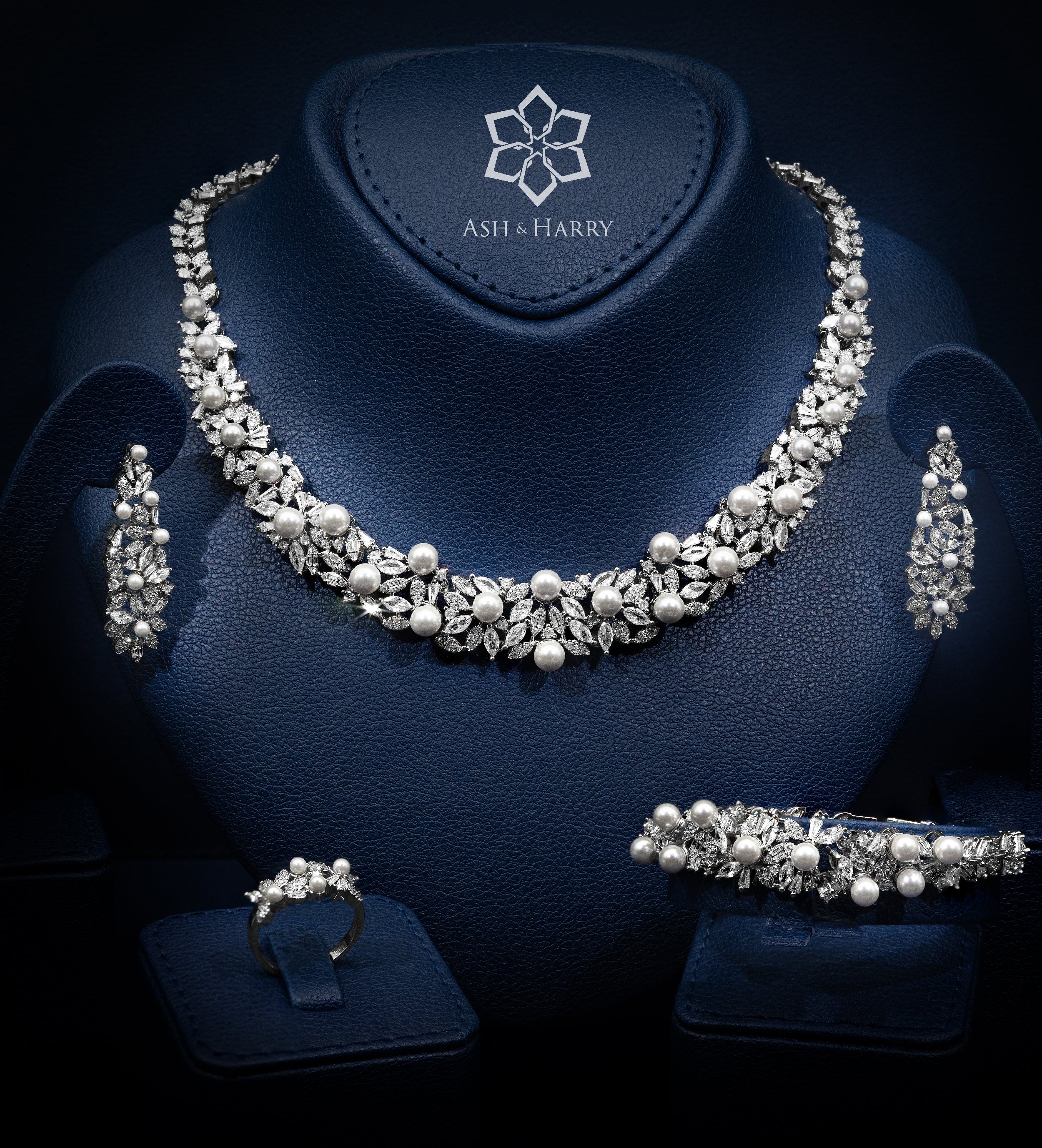 Reem Pearl Luxury Bridal Full Set in High Quality Simulated Diamonds Rhodium Plated - Ash & Harry