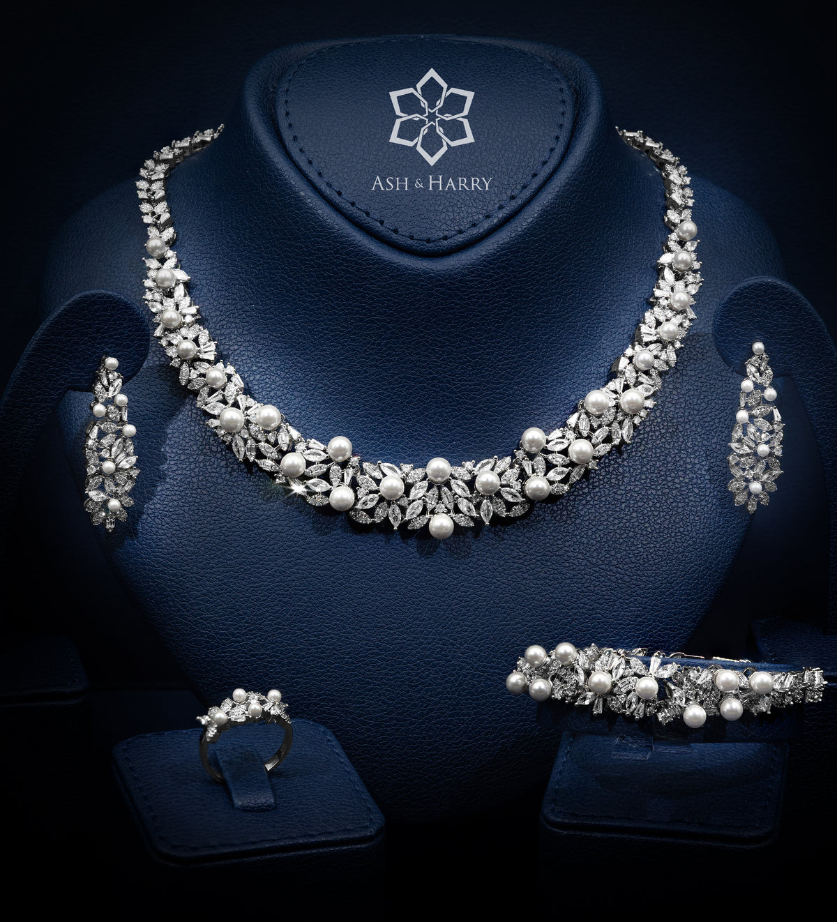 Reem Pearl Luxury Bridal Full Set in High Quality Simulated Diamonds Rhodium Plated - Ash & Harry