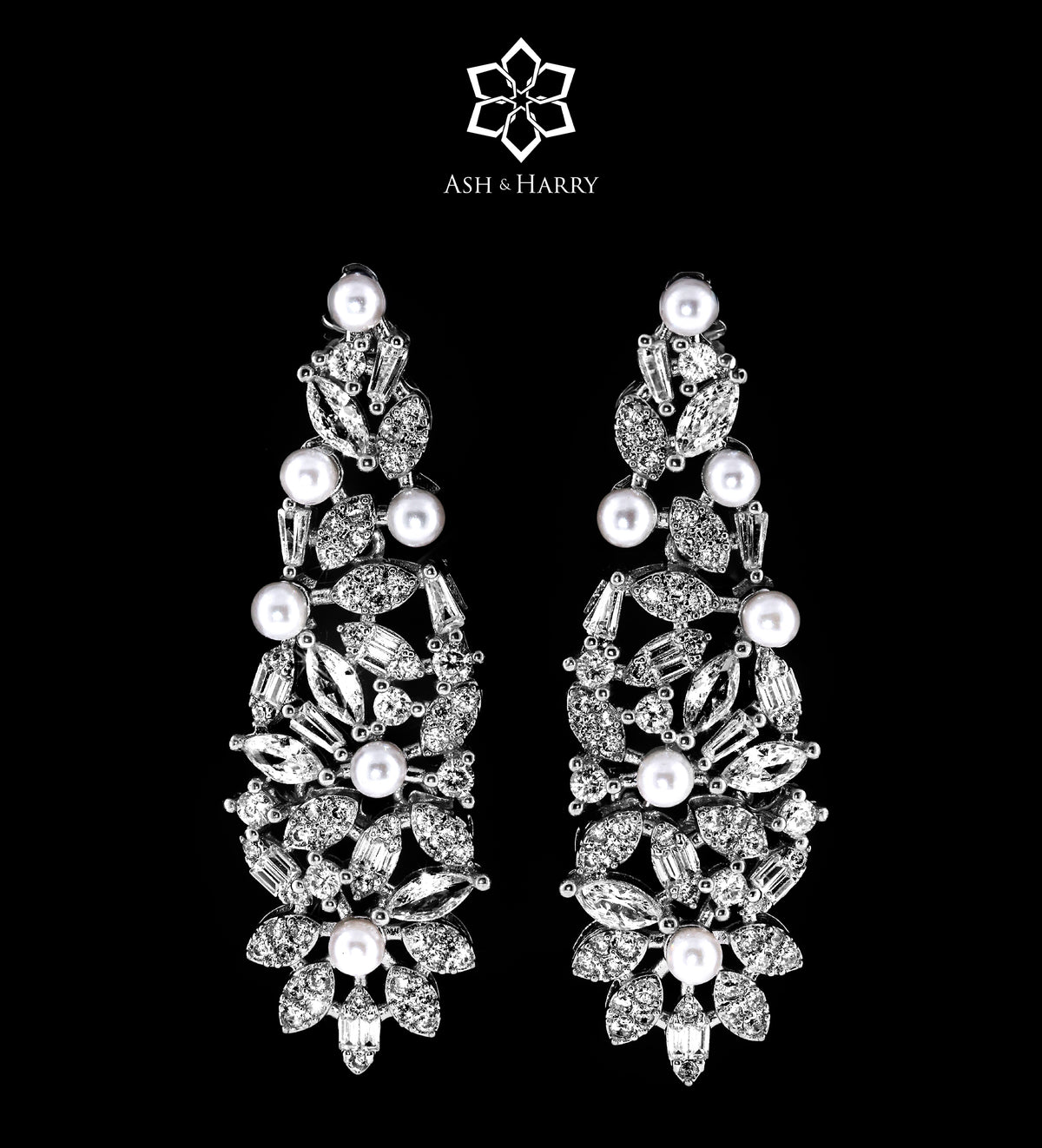 Reem Pearl Luxury Bridal Full Set in High Quality Simulated Diamonds Rhodium Plated - Ash & Harry