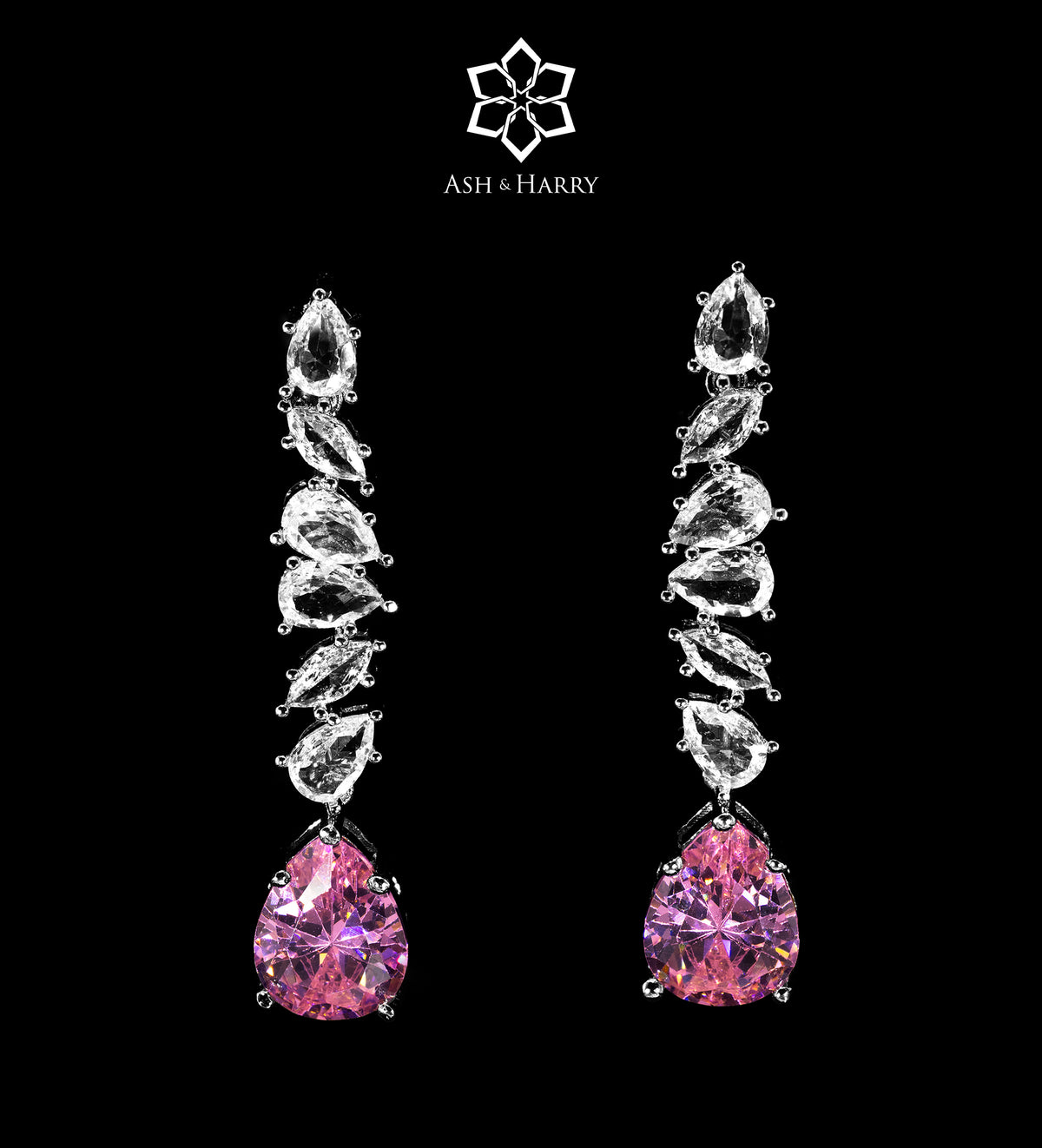 Riviera Signature Pink Pear - Drop Solitaire Bridal Set with Premium Simulated Diamonds in Mirror - Polished Rhodium - Ash & Harry