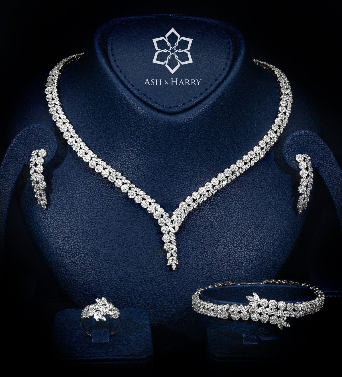 Roya White Luxury Bridal Full Set with High - Quality Simulated Diamonds in Rhodium Plated Finish - Ash & Harry