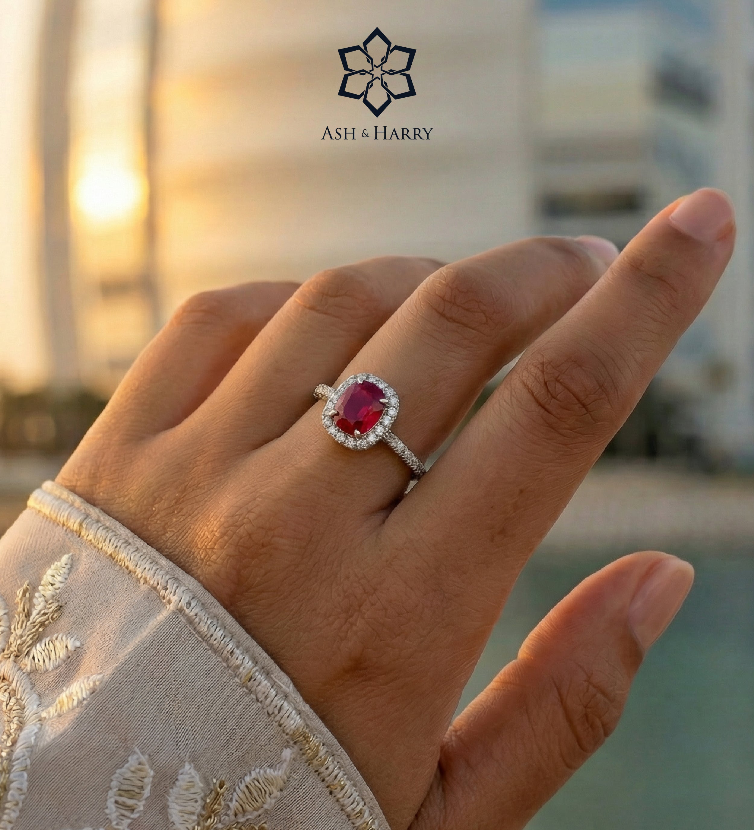 Scarlet Ruby Cushion Ring in 925 Silver High Quality Simulated Diamonds and Crafted Ruby Stone - Ash & Harry