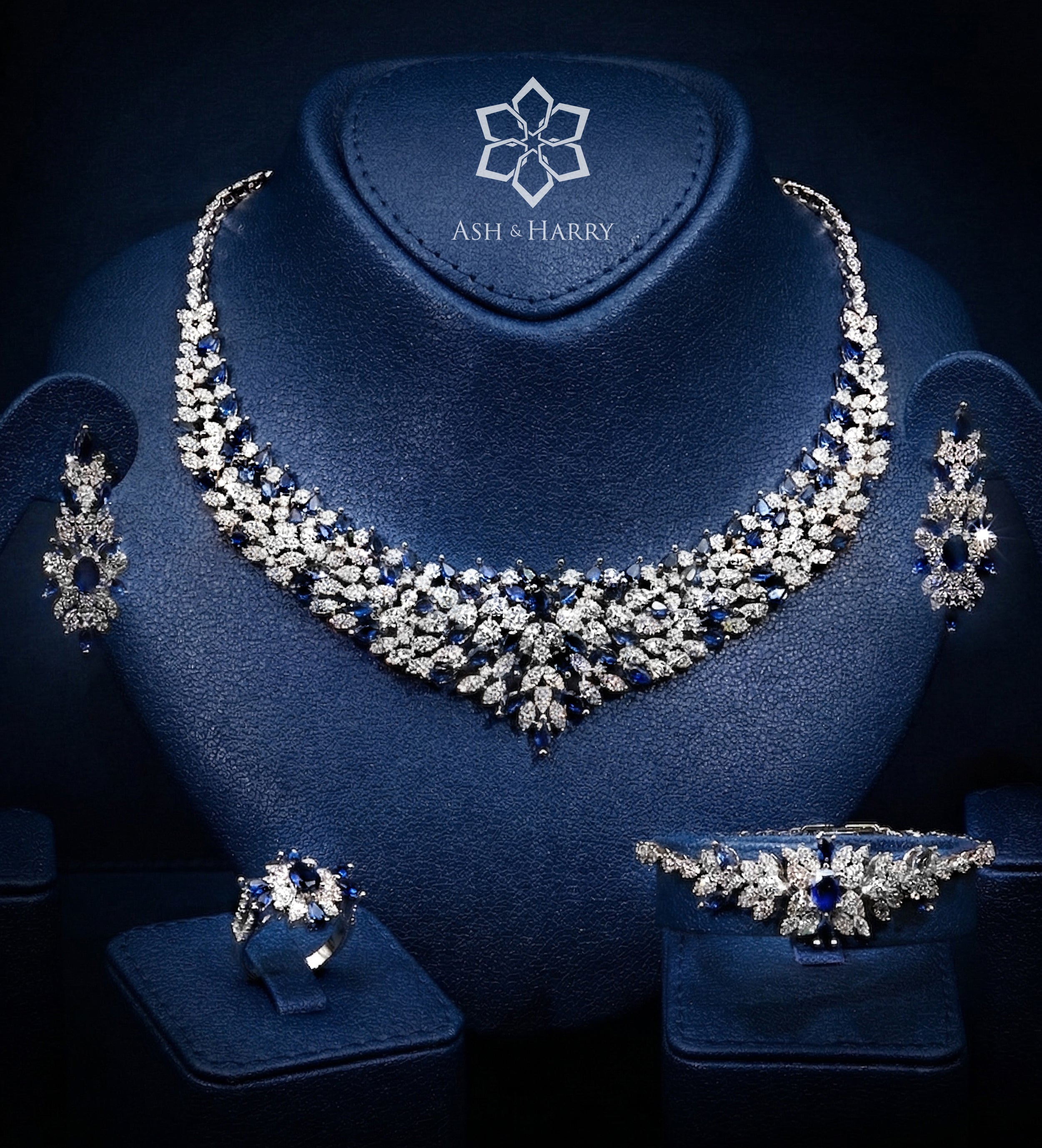 Seraphina Royal Blue Luxury Bridal Full Set with High Quality Simulated Diamonds Rhodium Plated - Ash & Harry