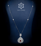 Shahnaz Mughal - Inspired Long Chain Ruby Pendant Set with Brilliant - Cut Simulated Diamonds, Rhodium Plated - Ash & Harry