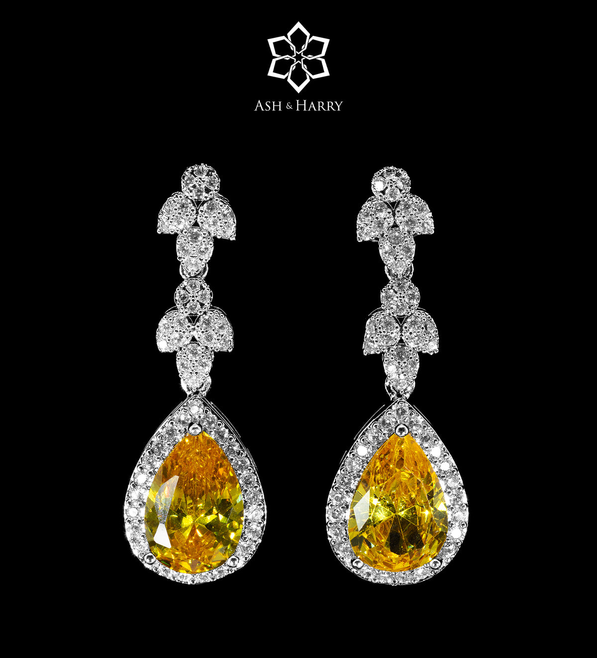 Shams Royal Yellow Bridal Full Set with Canary Yellow Simulated Diamond Centerpiece and White Simulated Diamonds, Rhodium Plated - Ash & Harry
