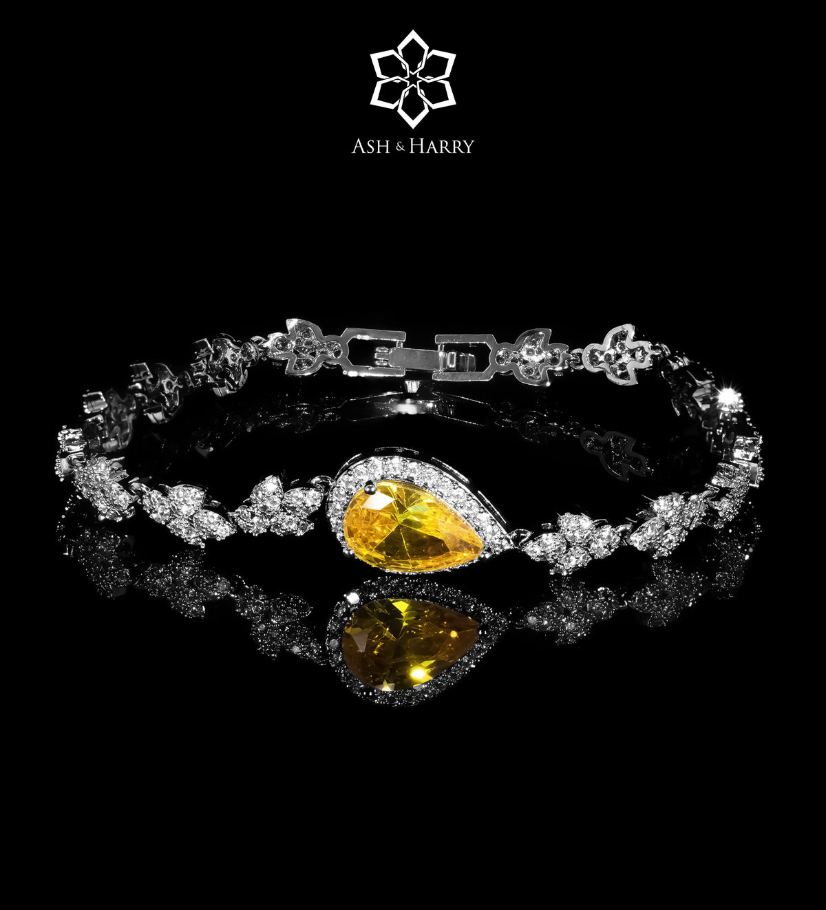 Shams Royal Yellow Bridal Full Set with Canary Yellow Simulated Diamond Centerpiece and White Simulated Diamonds, Rhodium Plated - Ash & Harry