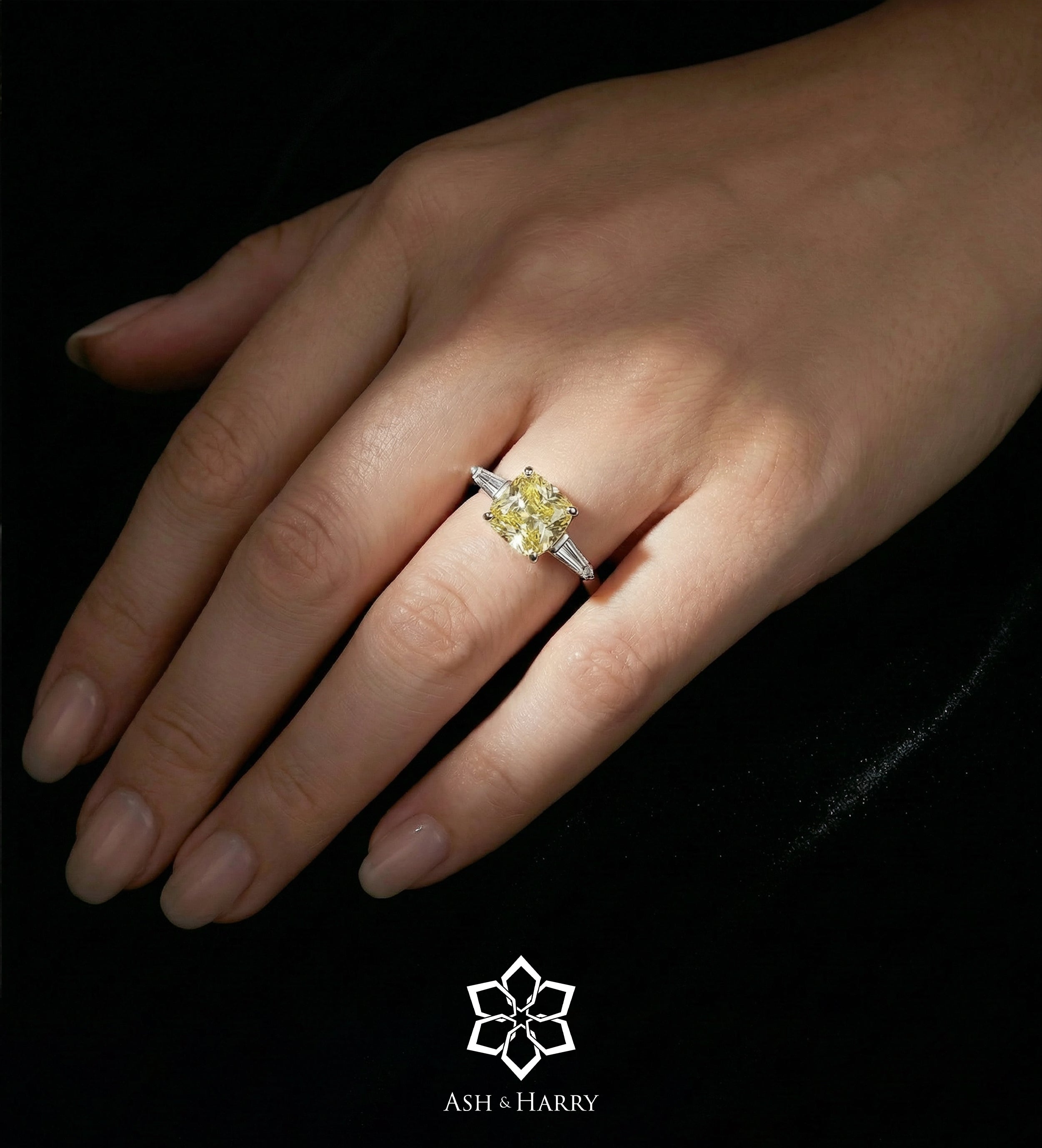 Solara Cushion Ring in 925 Silver with High Quality Simulated White and Canary Diamonds - Ash & Harry