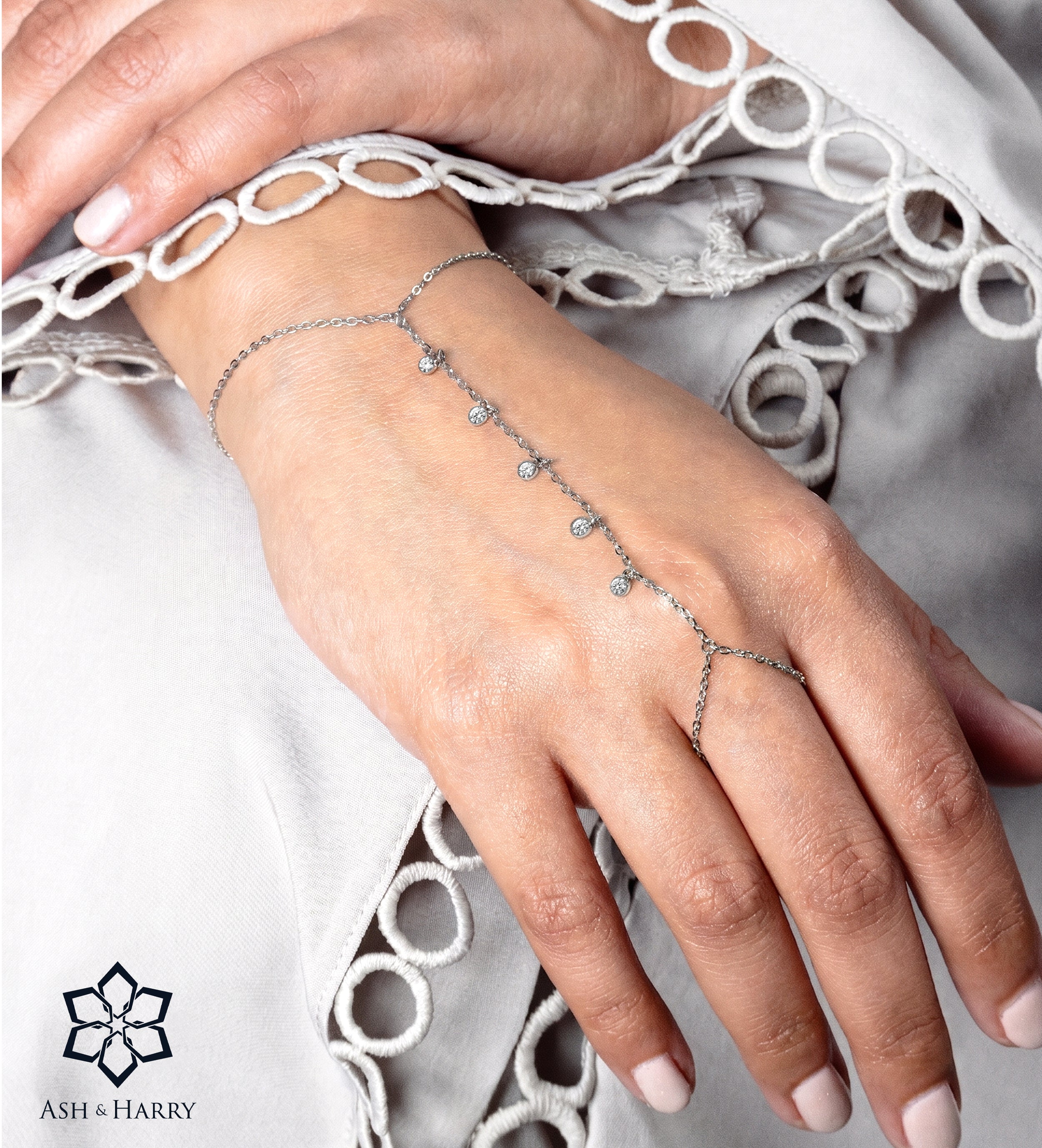 Stardrop Cascade Hand Chain in Silver With High Quality Simulated Diamonds - Ash & Harry